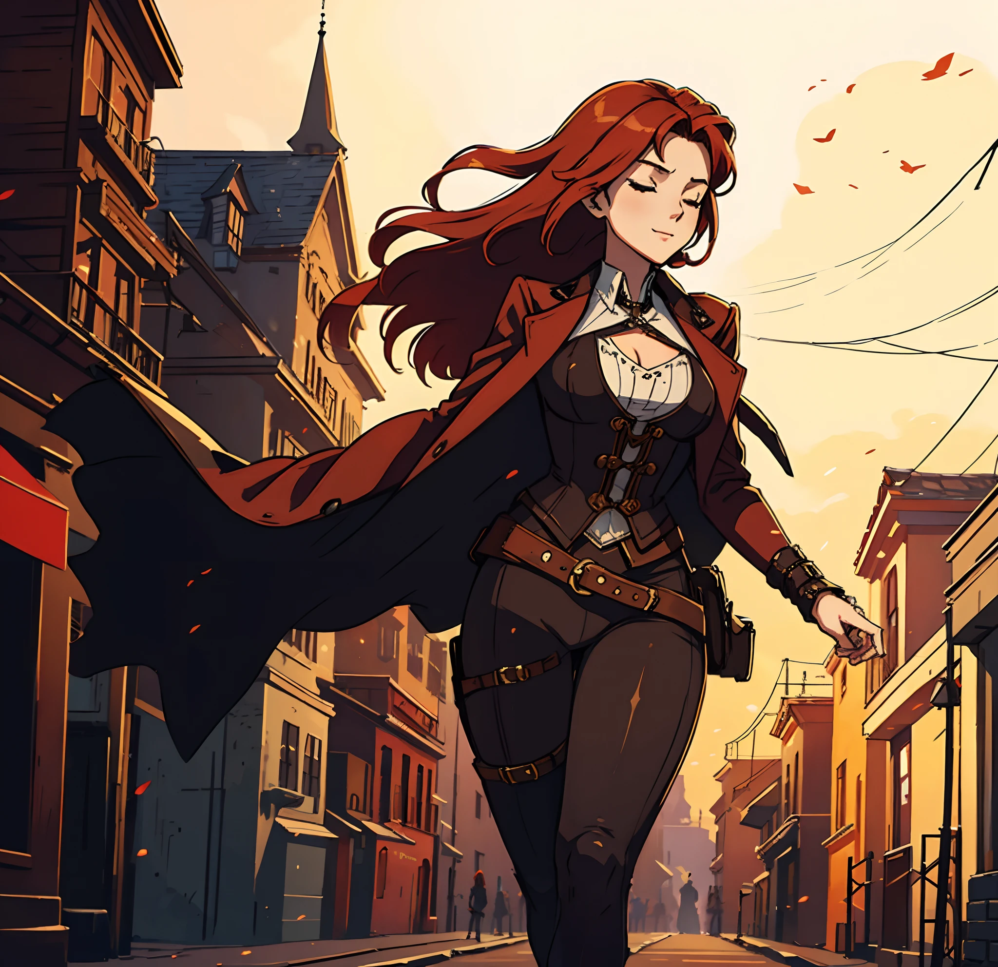 1 Sensual Redhead Woman Walking Down The Street Happy Expression Eyes Closed Steampunk Night Background An art for a role-playing game ((Very detailed strokes))