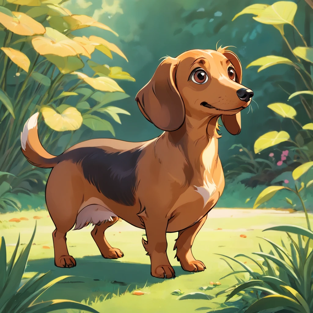 A Caramel Dachshund Looking At The Camera With A Look Of Surprise And Confusion, Looking with his head turned sideways, num lindo jardim com as pontas das patas brancas, pelos curtos e o nome Zaya em letras grandes na parte superior