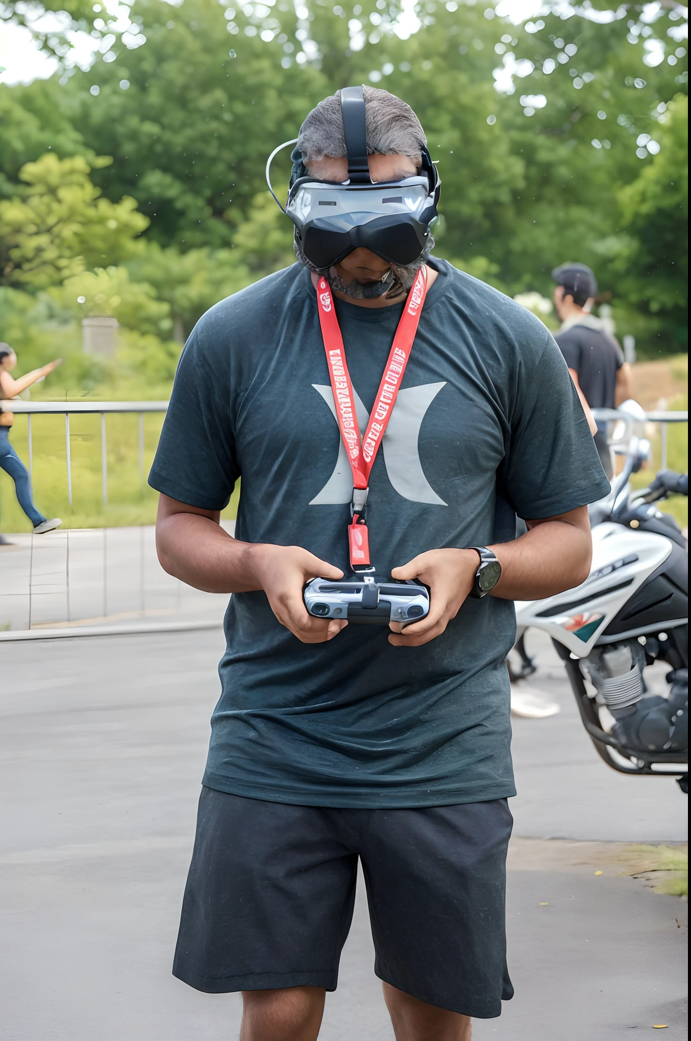 High quality art, In the photograph, amidst a verdant backdrop, a prominently featured man stands foregrounded, attired in a dark charcoal tee emblazoned with a prominent crescent emblem. He wears a rather distinctive black mask covering his eyes and nose, reminiscent of futuristic tech goggles, held securely by overhead straps. A lanyard, garnished with the phrases "REMOVE BEFORE FLIGHT," circles his neck, holding a set of keys, suggestive of his role or perhaps a hobby. He engages with a sophisticated hand-held device, perhaps a remote control, which he holds in both hands. The fabric of his shorts presents a pattern imbued with dark hues, and a wristwatch encircles his left wrist. In the periphery, to the left, a runner garbed in a white shirt is captured mid-stride, while further back, a motorcycle makes a subtle appearance, hinting at a broader context for this gathering. A metal barrier delineates the scene, suggesting this might be some event or gathering. The light drizzle can be discerned, creating a serene ambiance.