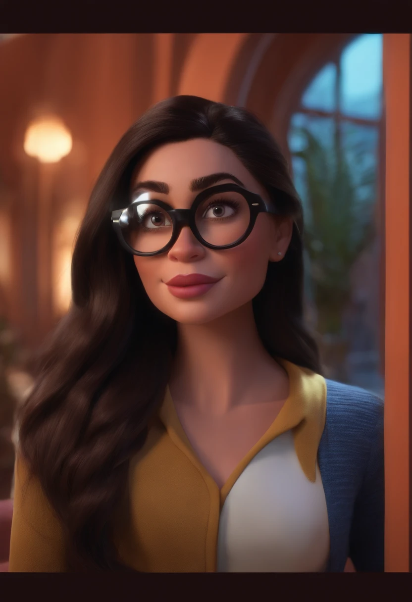 Pixar style image with 3D character black glasses brunette woman straight shoulder-length hair, arrumando roupas no quarto Maquiagem Disney, Pixar, Disney, Cinema lighting