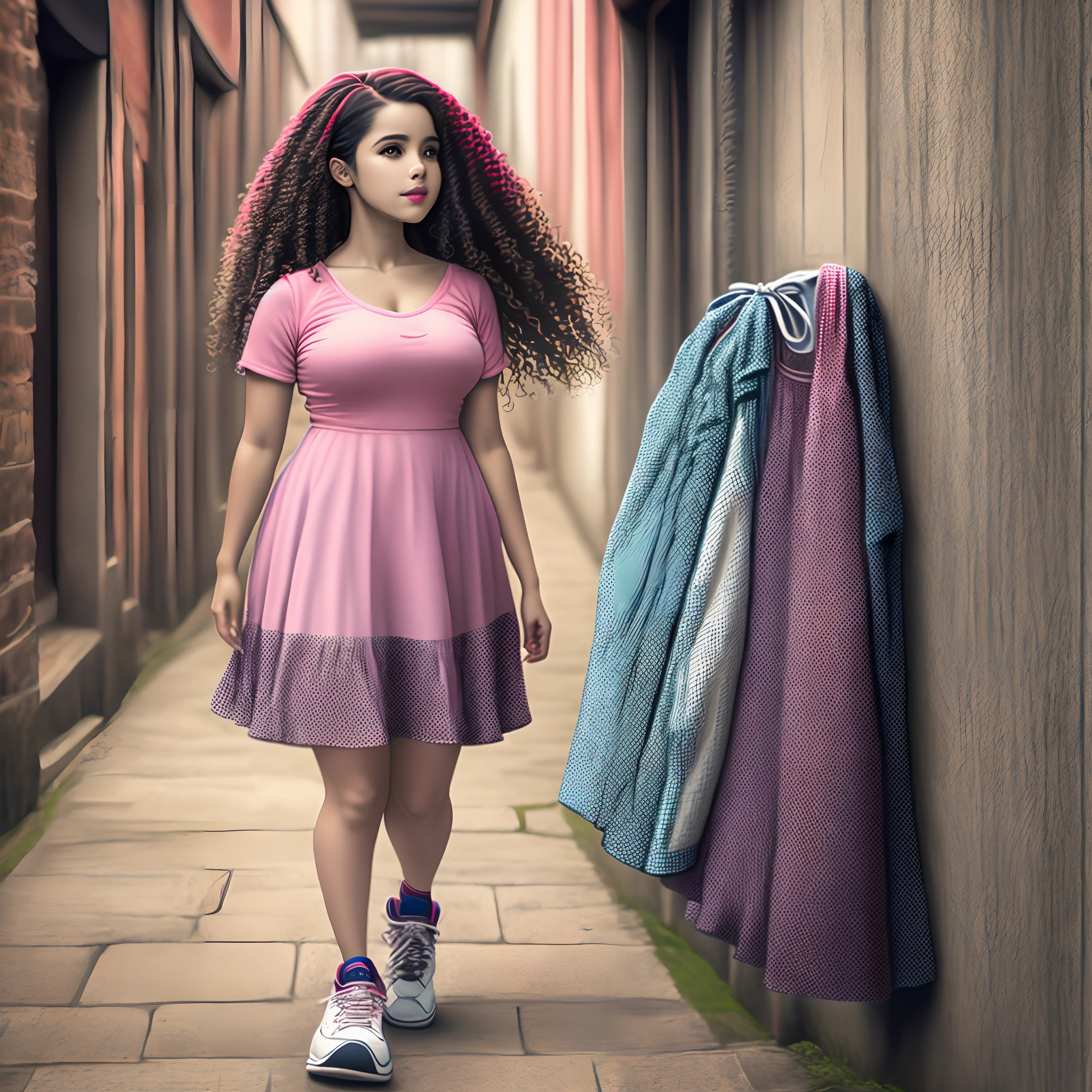 Mulher branca loira cabelo ondulado corpo medio vestido colorido tenis rosa