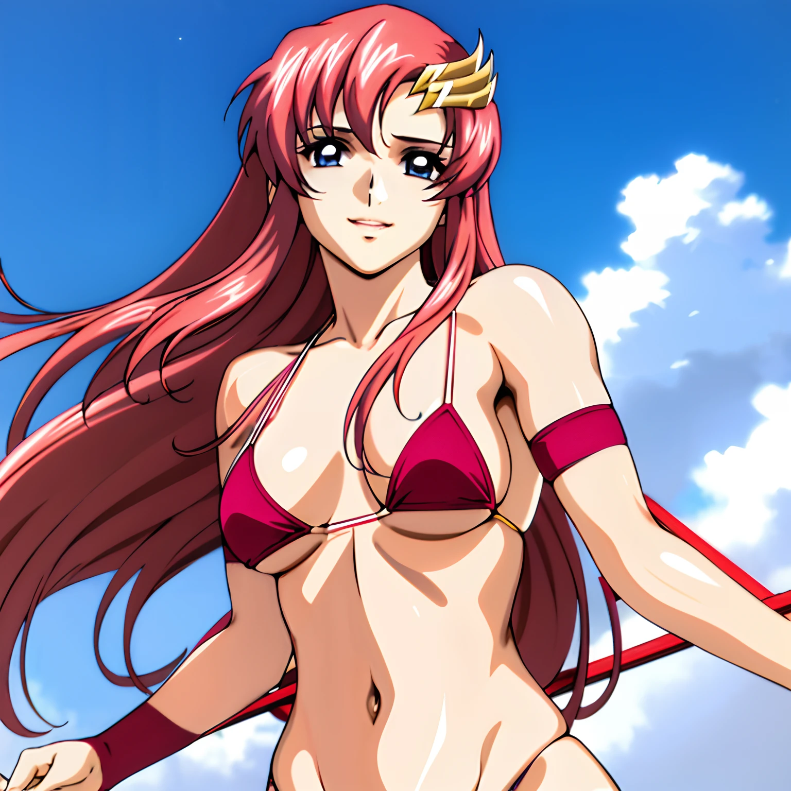 (masterpiece, far view, 4K, Best Quality, Anime style: 1.9,, Adult Woman, ultra detailed face, (cloud background, wrestling), Drawing lines, high resolution, Anime, lacus4), 1girl, Solo, curvy figure, very Long hair, 鎖骨, scapular, (Detailed wide hair bangs, Hair Ornament, Detailed reddish-pink hair, golden crest), cleavage, large hands, (female wrestler). (Big blue eyes, shiny eyes), ((female wrestler, little biceps, slender body, broad shoulders, closed fists)), ((perfect proportions, medium breasts, long belly)), (((micro bikini, pink wrestling gear, champion))), happy, smile, , (belly dancing, looking at the viewer), , showing off underarm, (elegant lady),