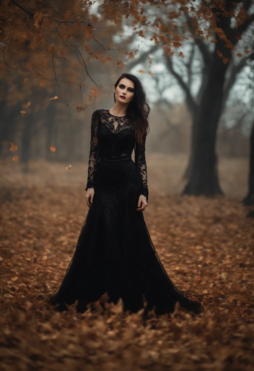 . A beautiful woman sitting on a meadow, nacked, pink grasses, wearing black gown, cleavage visible, trees, orange leaves, wind, hair and grass flowing, symmetrical face, freckles,