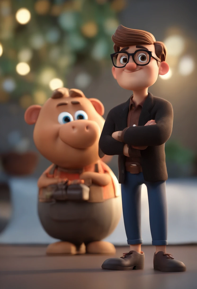 Cartoon character of a man wearing black glasses and a blue shirt, um personagem animado, Caractere estilizado, animation style rendering, 3D estilizado, Arnold Maya render, 3 d render stylized, toon render keyshot, Personagem 3D, Personagem 3D, 3d rendering stylized, 3 d character render, personagem de desenho animado, Personagem de close up, Pose de personagem, (Estilo Pixar) (master part:1.2) (Bokeh) (best quality) (pele detalhada) (textura detalhada) (8k) (argila) (Cinematic lighting) (foco nítido,Senta e vaza a parte superior do corpo