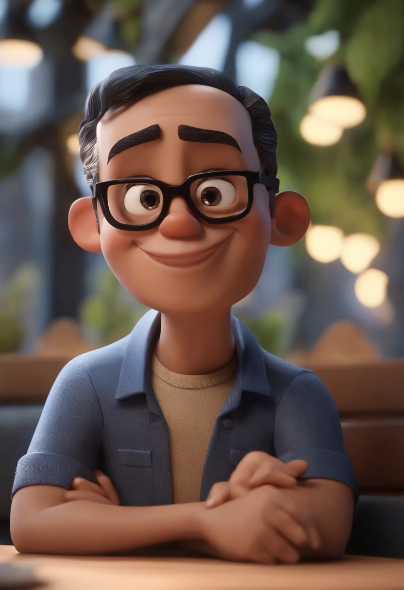Cartoon character of a man wearing black glasses and a blue shirt, um personagem animado, Caractere estilizado, animation style rendering, 3D estilizado, Arnold Maya render, 3 d render stylized, toon render keyshot, Personagem 3D, Personagem 3D, 3d rendering stylized, 3 d character render, personagem de desenho animado, Personagem de close up, Pose de personagem, (Estilo Pixar) (master part:1.2) (Bokeh) (best quality) (pele detalhada) (textura detalhada) (8k) (argila) (Cinematic lighting) (foco nítido,Senta e vaza a parte superior do corpo