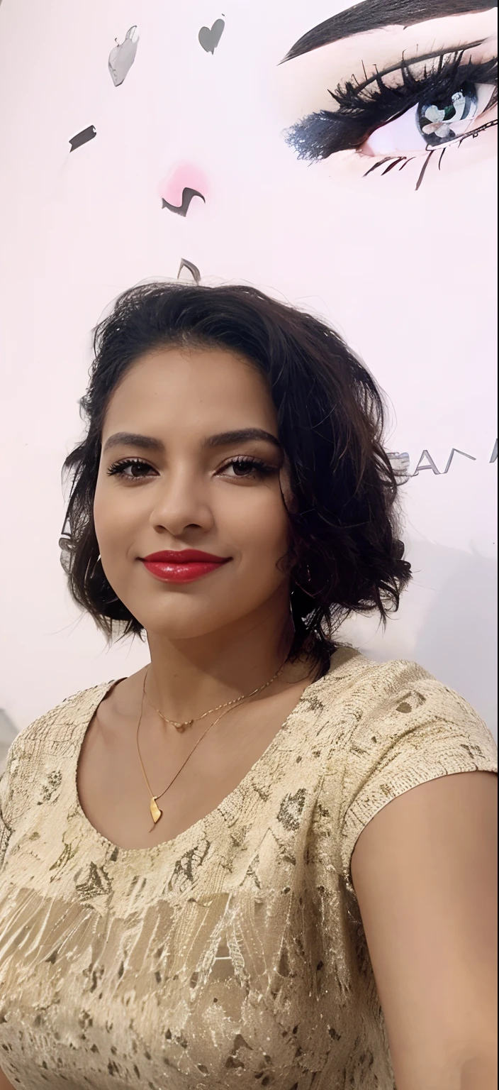 (master part) melhor qualidade, ultra-detalhado, ultra-realíta. Mulher 40 anos, negra, cabelos cacheados, castanho com mechas em tons dourados, olhos amendoados , com sombras esfumada marrom, preto e dourado, boca carnuda, with red lips and a discreet smile, blusa croped em decote quadrado, mostrando o colo bronzeado..with gold necklace with heart pendant. , saia longa rodada, with romantic print, flat sandals