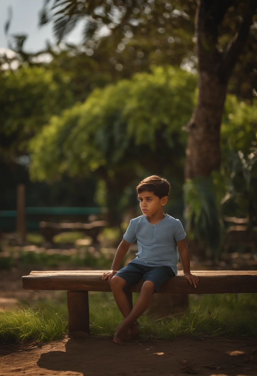 A imagem mostra um menino sentado em um banco de madeira, which is located near a fence. The boy is wearing a black shirt and appears to be looking at the camera. The bench is positioned in the middle of the scene, com a cerca estendendo-se para os lados esquerdo e direito da imagem. The boy's posture and the presence of the bench suggest that this could be a park or a similar outdoor environment.Gere essa imagem no estilo de anima