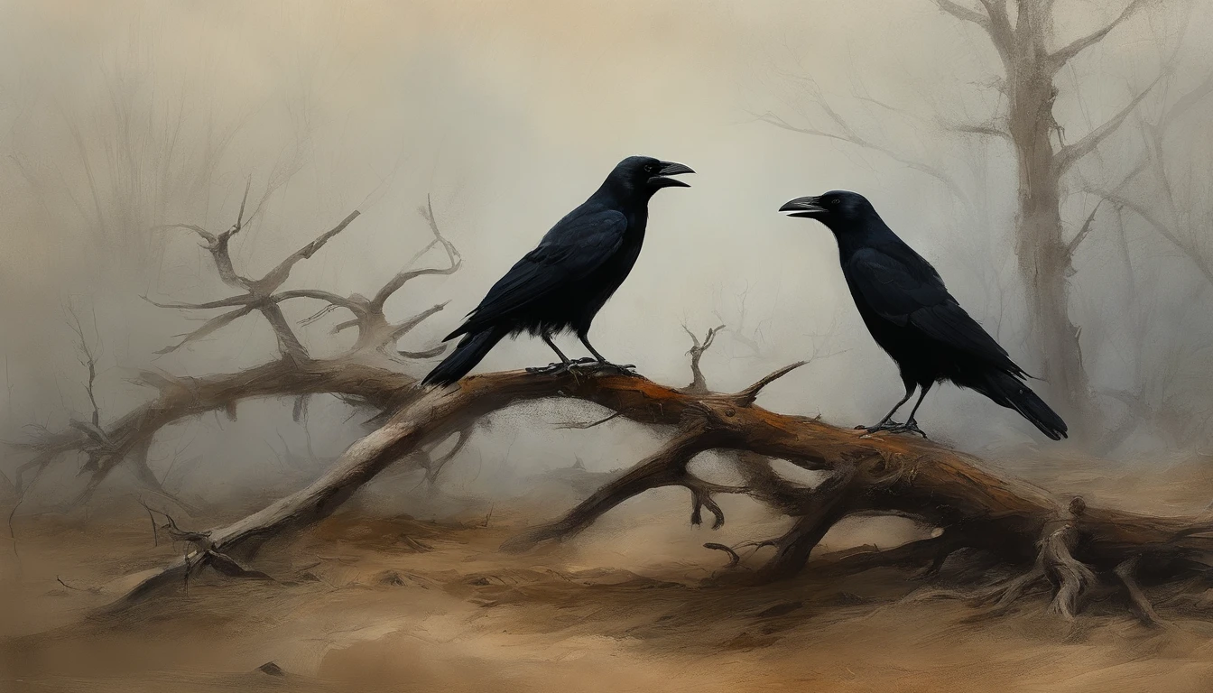 Two crows in a dead tree, Uma sombra em Forma de andador, Noite estrelada, Thick fog on the ground, Luz azul no horizonte, Motor Unreal 5, cinemactic, Low-angle photography, motion blur, proFundidade de campo, dust, Cobblestones and dirt. arte splash, pingando tinta. Perfect color classification. inFluenciado por karel Appel e jeremy mann, Full of dramatic and threatening scenes, hiper-detalhado, Beautiful, detalhes insanos, detalhes intrincados, FotograFia Editorial, FotograFado com uma lente de 50mm, proFundidade de campo, Tilt Blur, Velocidade do obturador 1/1000, F/22. Mapas de luz, super brilhante