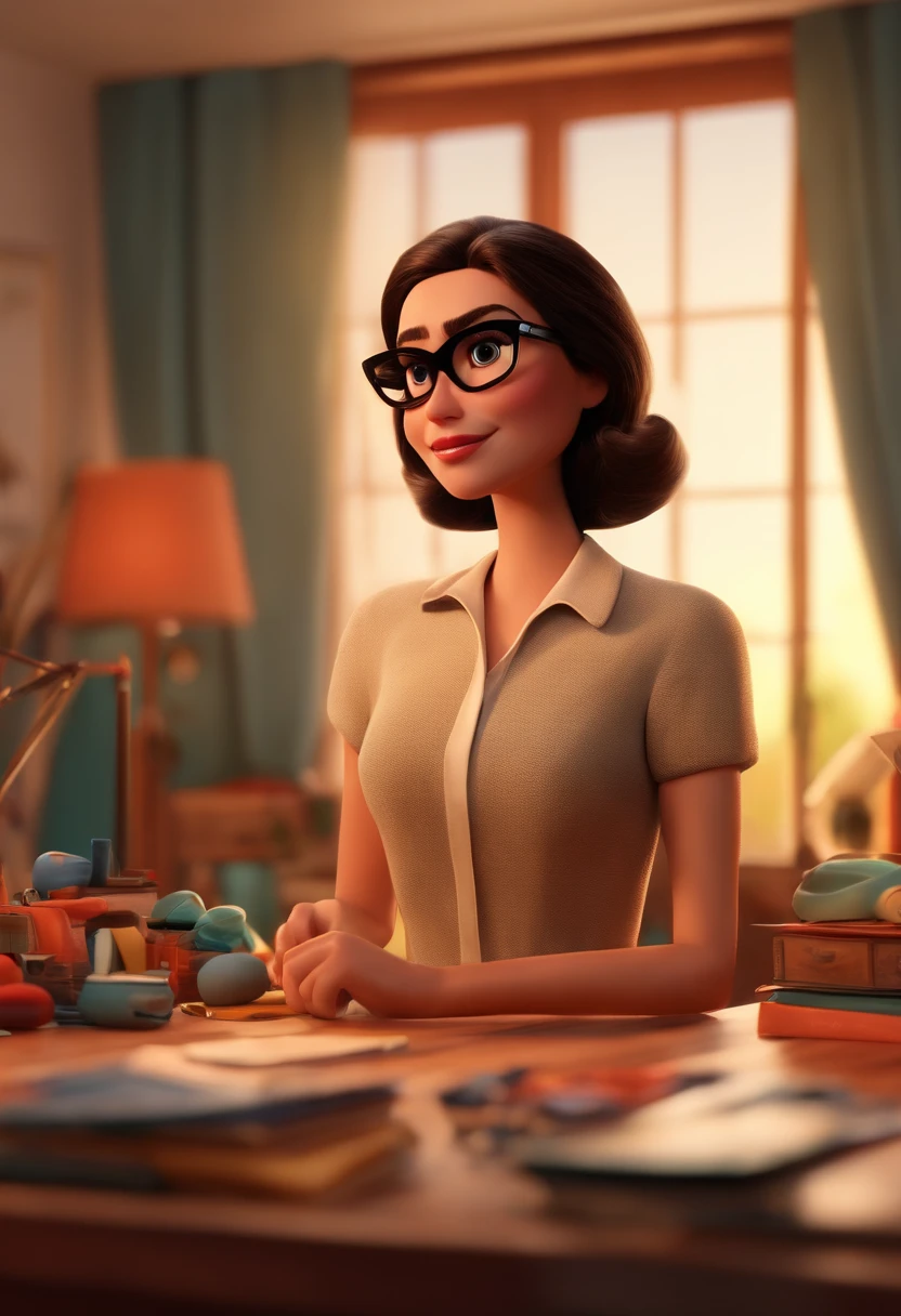 Pixar style image with 3D character black glasses brunette woman straight shoulder-length hair, arranging clothes in the bedroom Makeup Disney, Pixar, Disney