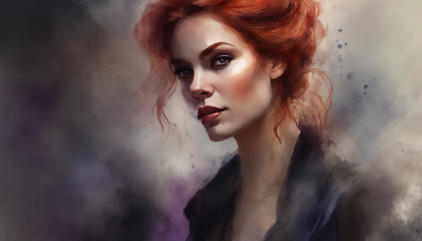 4k, 8k, masterpiece, best quality, upper body, 1girl, looking at viewer, red hair, medium hair, purple eyes, demon horns, black coat, indoors, dimly lit, the age of the actress is 23 years old, open bust
