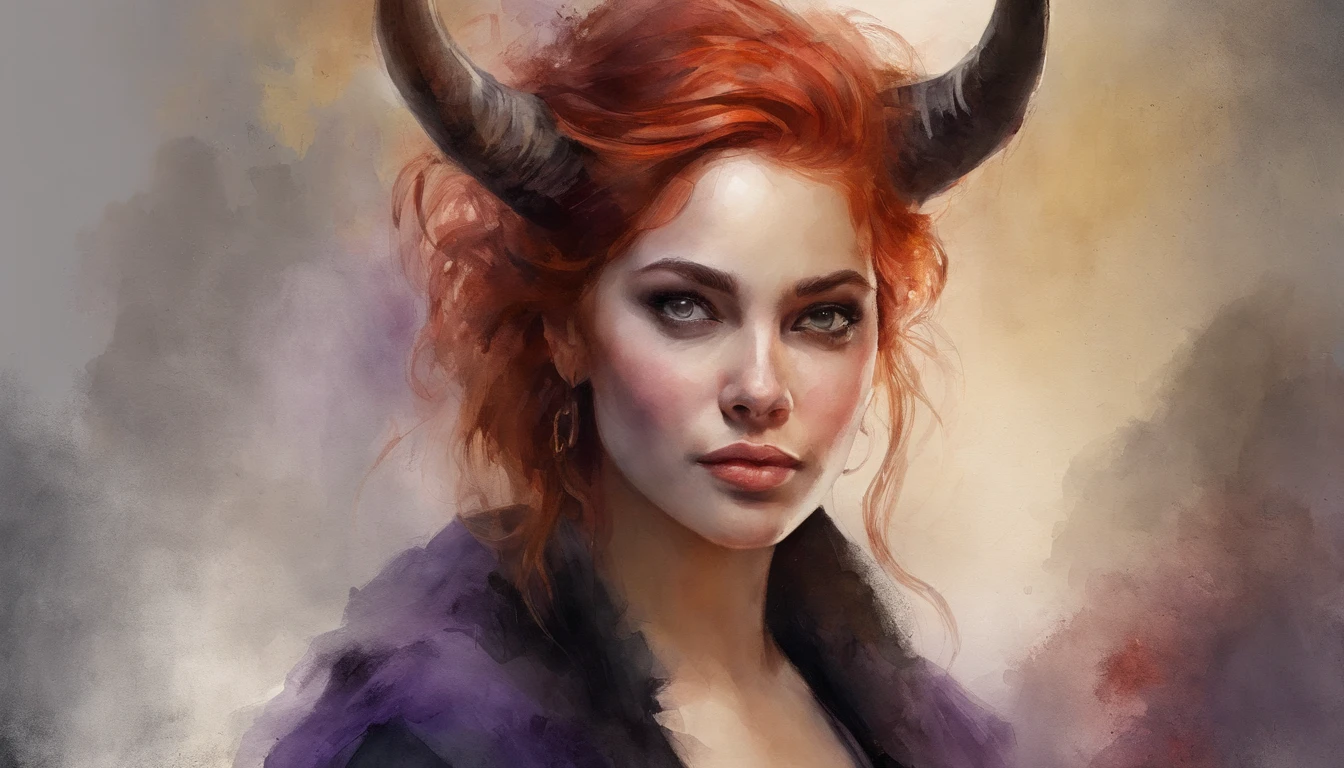 Hyper detailed full body shot of a gorgeous demon girl, horns, black_sclera, bright eyes, 30 years old, black sclera:1.3, demonizer, masterpiece, conceptual portrait, hyper detailed medieval dress in neutral warm colors, character concept of medieval adventure movie, the entire figure dressed in witcher style, standing facing the viewer:1.5, frontal full body shot, beautiful woman, skinny thin waist:1.5, small breasts:1.5, curvy hips and thighs:1.5, straight brown hair, detailed face