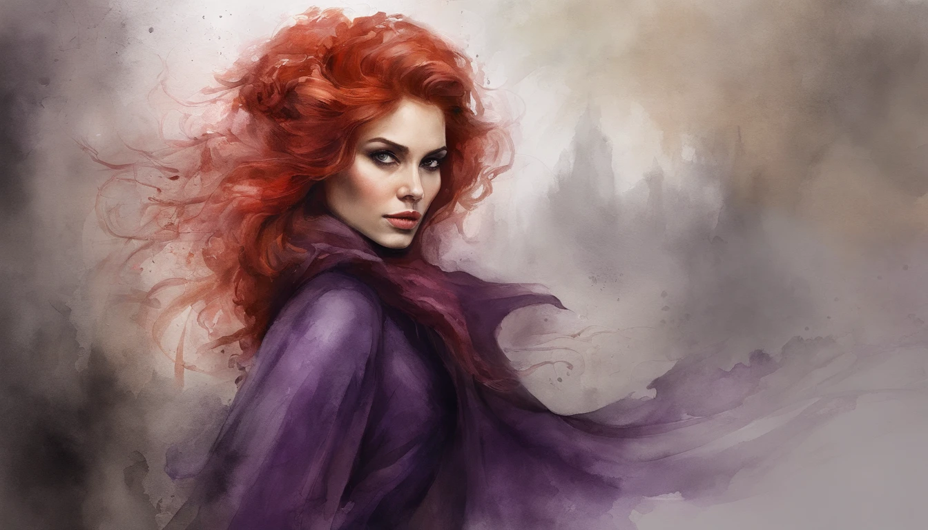 4k, 8k, masterpiece, best quality, upper body, 1girl, looking at viewer, red hair, medium hair, purple eyes, demon horns, black coat, indoors, dimly lit, the age of the actress is 23 years old, open bust