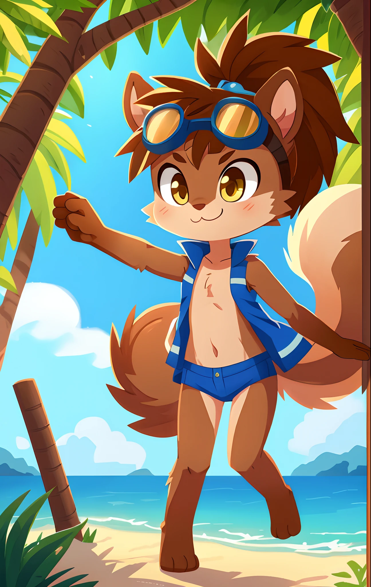 score_9,score_8_up,score_7_up, source_cartoon, source_furry, Furry girl, young, squirrel, brown hair, mohawk spiky hairstyle, spiky ponytail, yellow eyes, small breasts, detailed body fur, ((goggles, blue vest, open clothes, green bikini)), masterpiece, anime style, two tone body fur, brown body fur, clear brown body fur, (squirrel tail), (squirrel ears), detailed face, big eyebrows, detailed eyes, detailed body, beach, clear sky, detailed hands, glistering body, shiny body, skinny, sassy face, (fight, dynamic action shot, speed lines, motion blur, fighter pose, ((punch act, fist, punch focus)), detailed fist, detailed punch, full body, feets with three toes, 3 toes, looking at you, :3, smile, ((electric on punch)), dynamic angle,