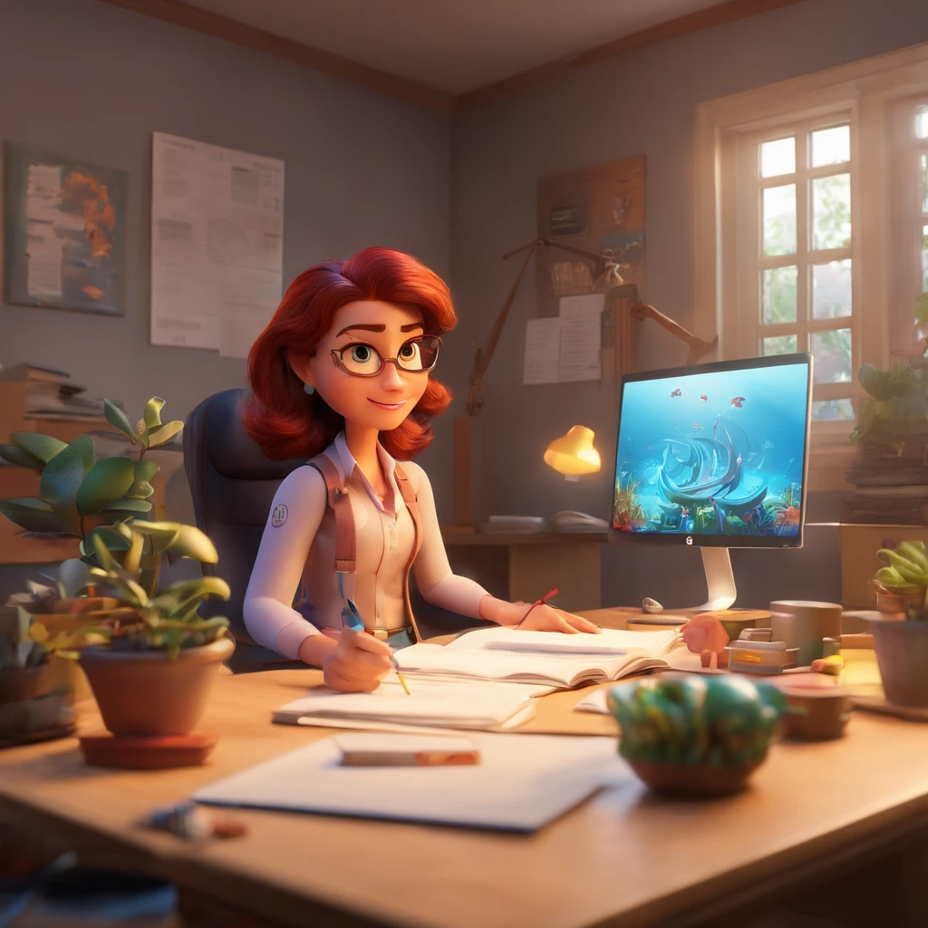 Create a poster inspired by Disney Pixar with the character being a psychologist named Lylian, Uma mulher de cabelos pretos usando um jaleco branco, In an office with a book on the table