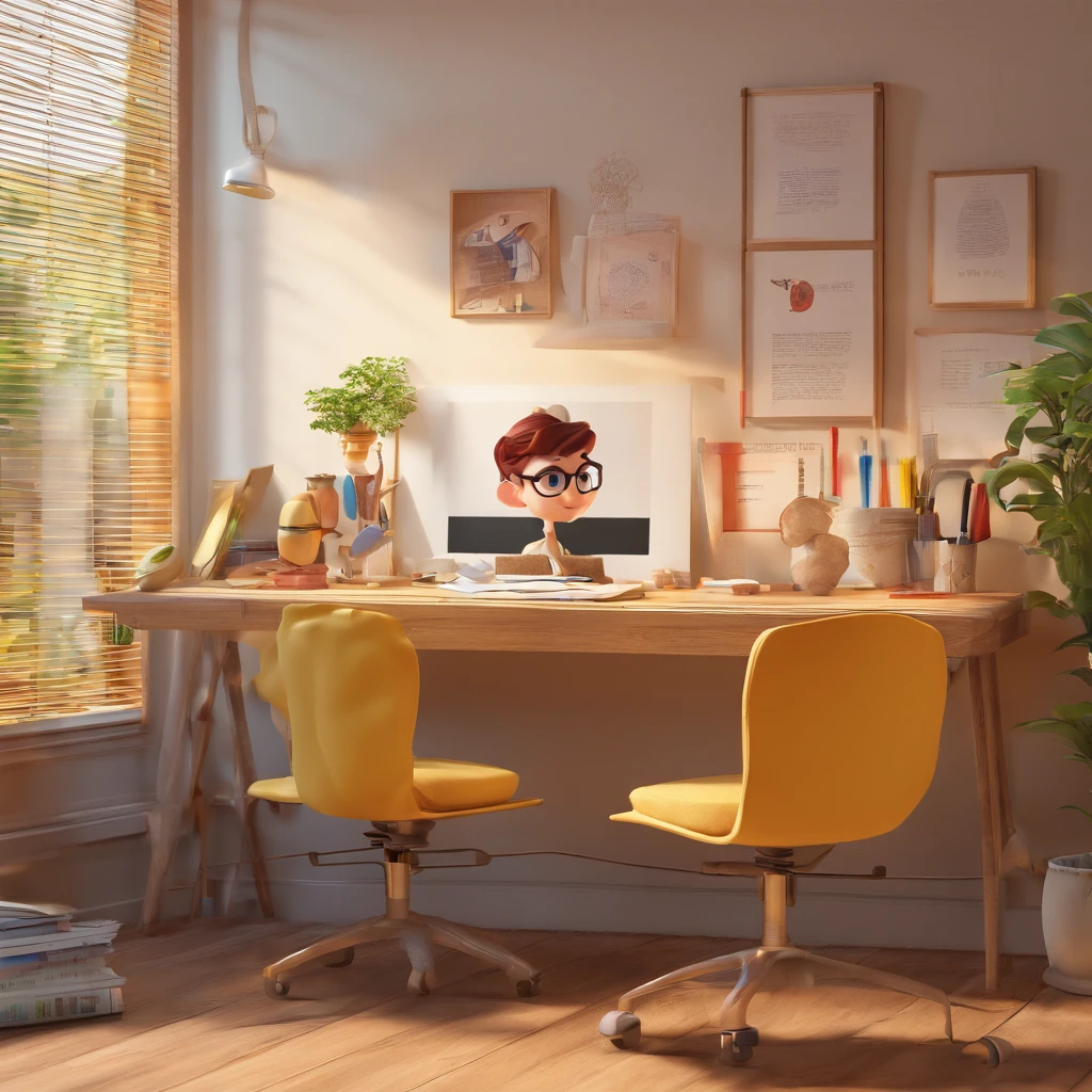 Create a poster inspired by Disney Pixar with the character being a psychologist named Lylian, Uma mulher de cabelos pretos usando um jaleco branco, In an office with a book on the table
