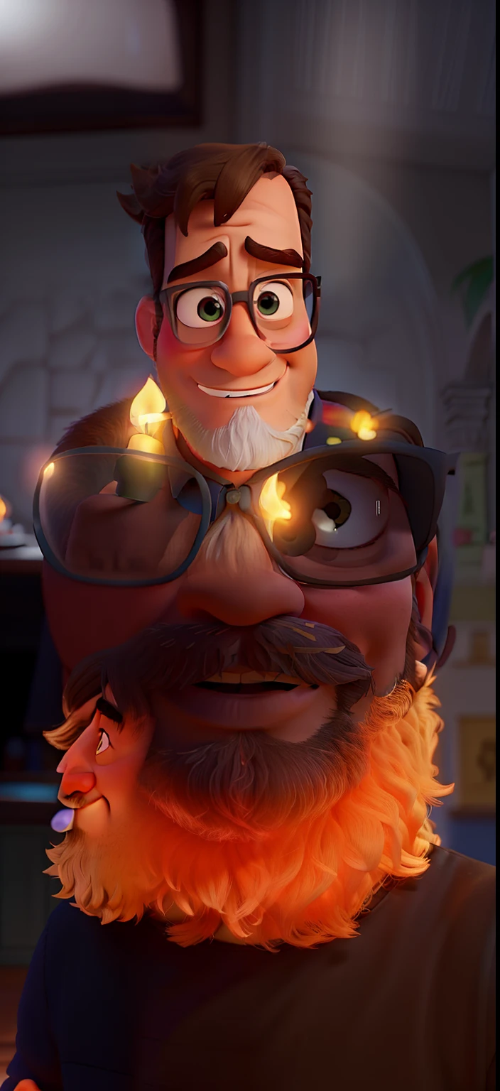 Poster no estilo Disney pixar, alta qualidade, melhor qualidade, homem sexy branco, 30 anos cabelo grisalho barba preta, musculoso, com fundo em um restaurante a luz de velas