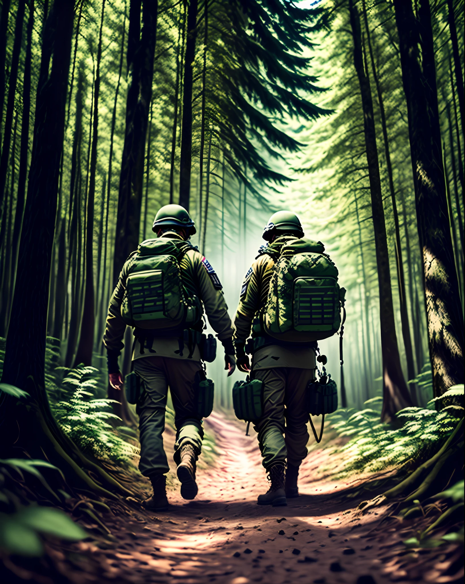 American private military company exploring the woods