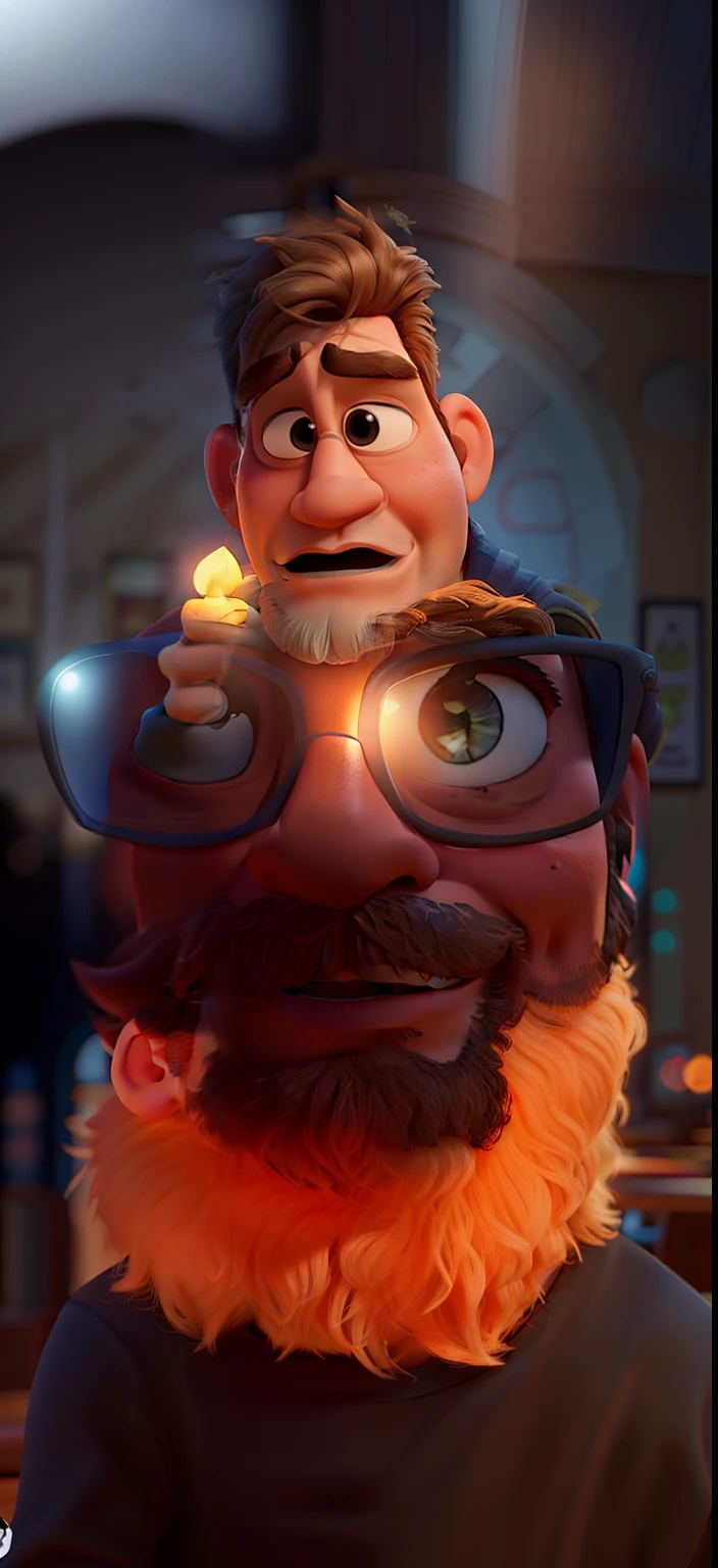 Poster no estilo Disney pixar, alta qualidade, melhor qualidade, homem sexy branco, 30 anos cabelo grisalho barba preta, musculoso, com fundo em um restaurante a luz de velas