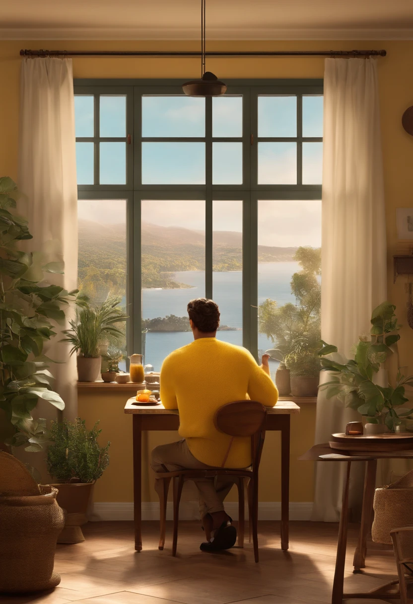 filme Oppenheimer 2023 estilo filmes Pixar, Com nome "CHAIB STUDIO", poster, with credits, The image shows a man wearing a yellow sweater, sorrindo e posando para uma foto. He's in a room with a dining table and chair nearby. There are also two potted plants in the room, um localizado no lado esquerdo e outro no lado direito. Ademais, There are two bottles placed on the dining table, possivelmente contendo bebidas ou condimentos.