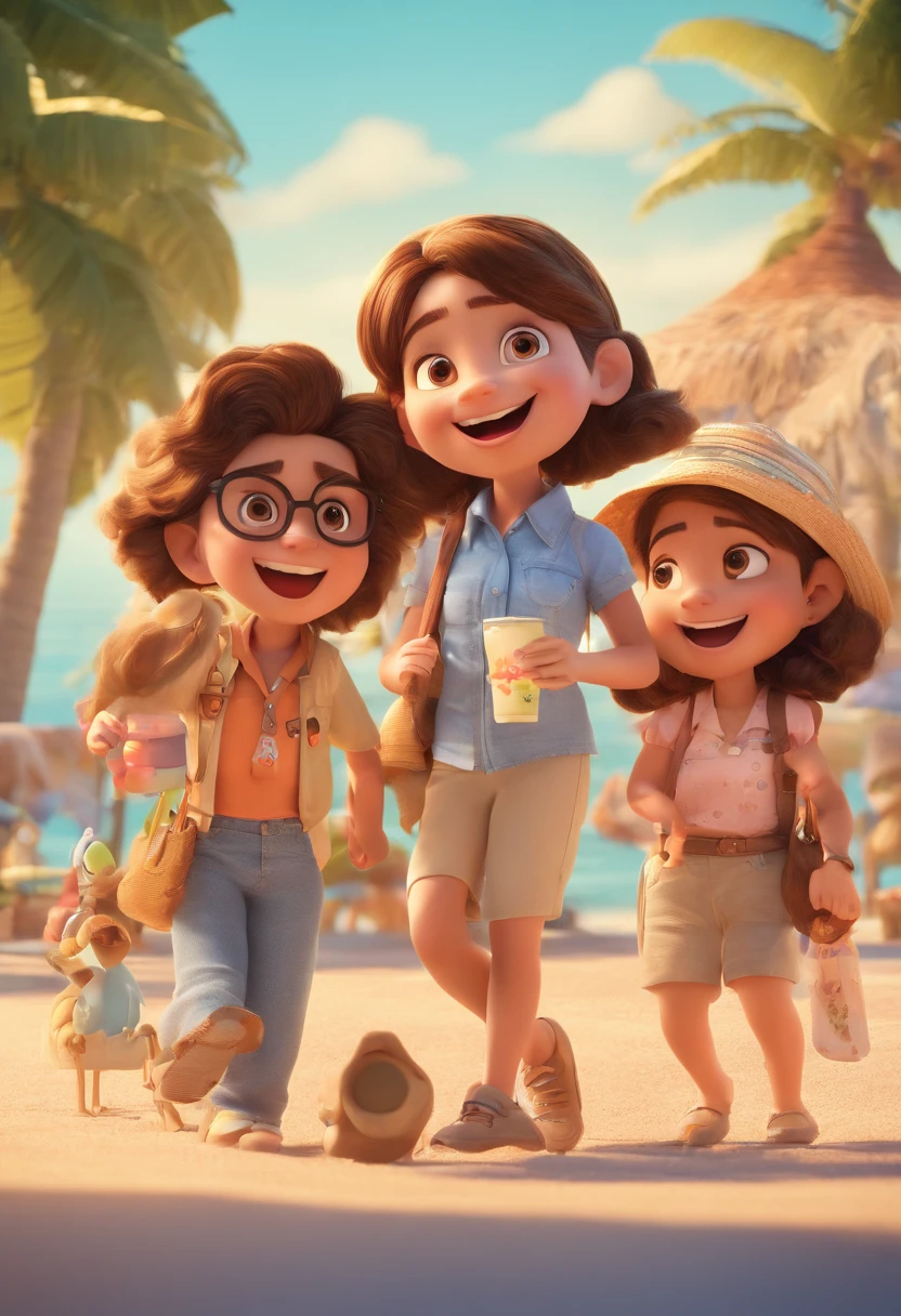 Cartoon of friends having fun on vacation together, 3D Animation Movie Poster, Poster de filme animado, pixar 3 d animation style, pixar renderman rendering, maia 8 mil, animated film, Disney Pixar Estilo 3D, amigos felizes saem juntos, all wearing light blue shirts and cream brown long pants, camisa azul clara, cream brown pants, ao ar livre, vacation, Disney Pixar Animation Poster