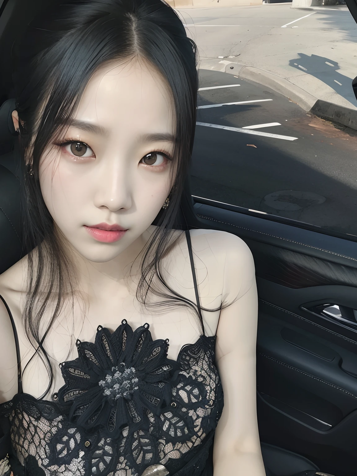 There's a woman sitting in a car in a black dress, Jisoo do Blackpink, jisoo do blackpink, Heonhwa Choe, Jinyoung Canela, Ulzzang, Kim Doyoung, Jaeyeon Nam, Retrato Jisoo Blackpink, Lee Ji - Eun, Lee Ji-eun, jossi do blackpink, Sha Xi, Hwang SE - EM, Gongbi, menina coreana