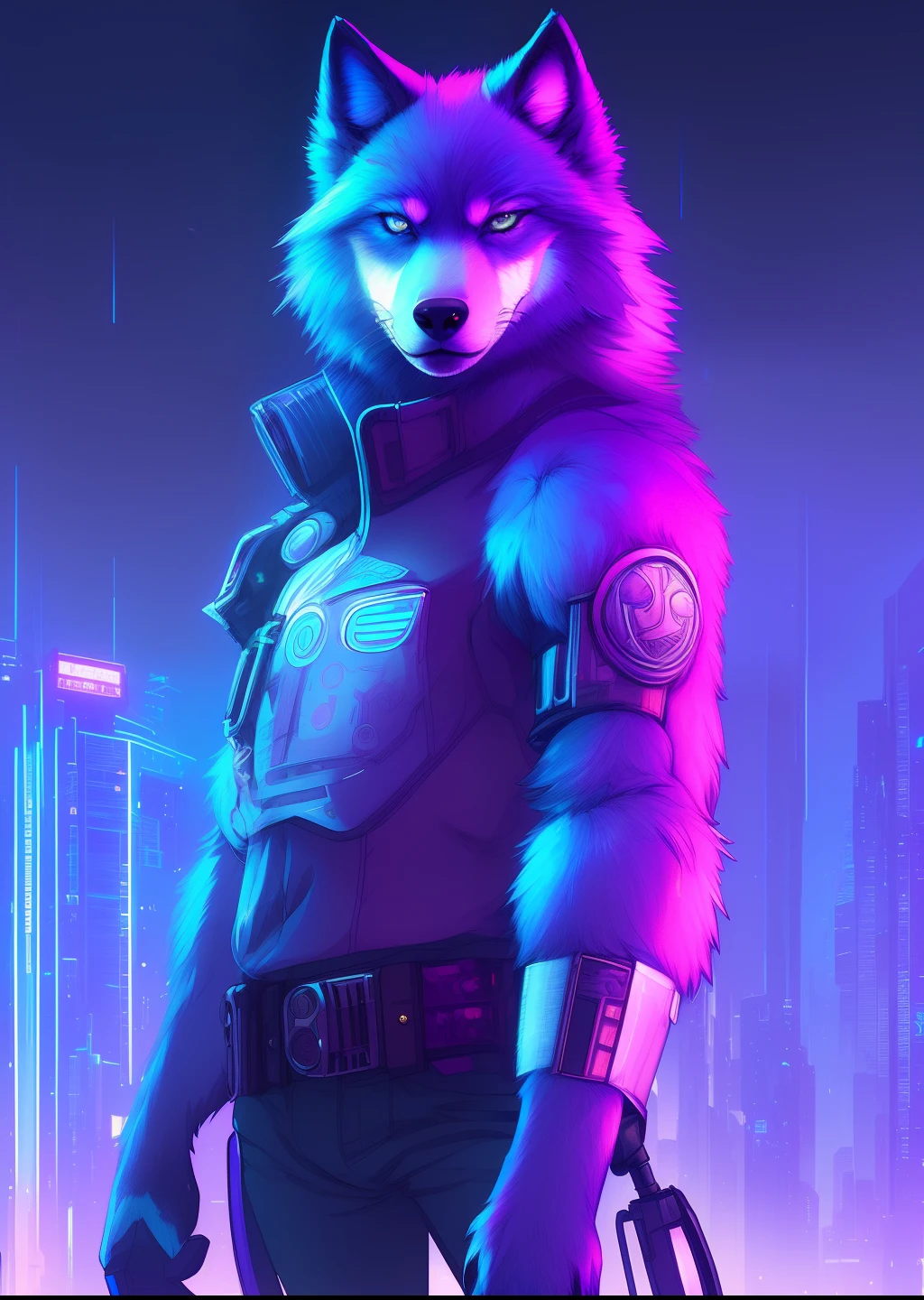 award winning beautiful portrait commission of a male furry anthro Blue wolf fursona with a tail and a cute beautiful attractive detailed furry face wearing stylish black cyberpunk clothes in a cyberpunk city at night while it rains. Character design by charlie bowater, ross tran, artgerm, and makoto shinkai, detailed, inked, western comic book art