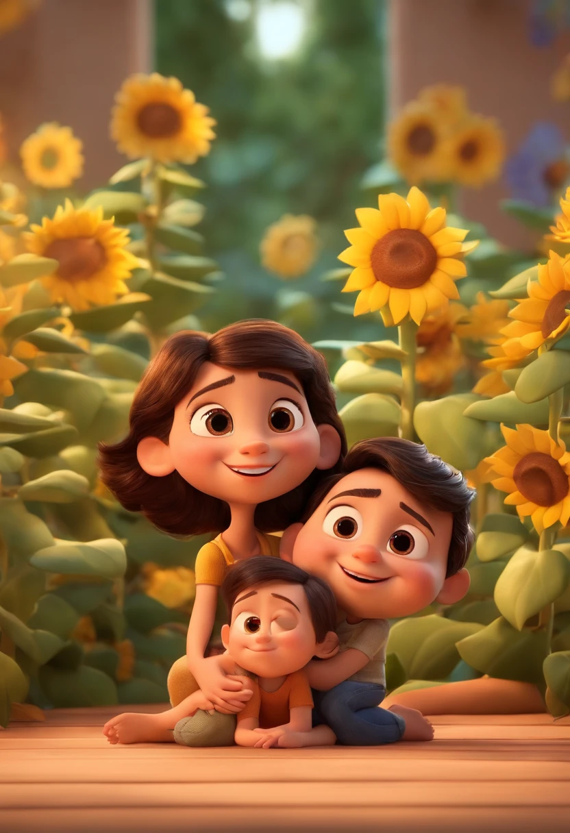 Create a Disney PIXAR-style 3D poster. ((centro da imagem, Triplets)), ((3 children)) ((1 menino no meio e 2 meninas ao lado, They're hugging each other, O menino tem pele castanha e cabelos castanhos escuros e olhos castanhos escuros, 1 menina tem pele clara, olhos e cabelos escuros e cacheados, e a outra menina tem pele morena, olhos escuros e cabelos escuros e lisos)) ((tudo isso no estilo Disney PIXAR 3D, In the background, A house of sunflowers, Gloria Studio, The garden is full of nature 3D render RTX clay material, estilo de design cartunesco, POP Mart, soft lighting, linhas suaves, Spring tilt, Detailed illustrations of PIXAR 3D, Detalhes hiper-realistas, cor quente no estilo Disney PIXAR 3D))