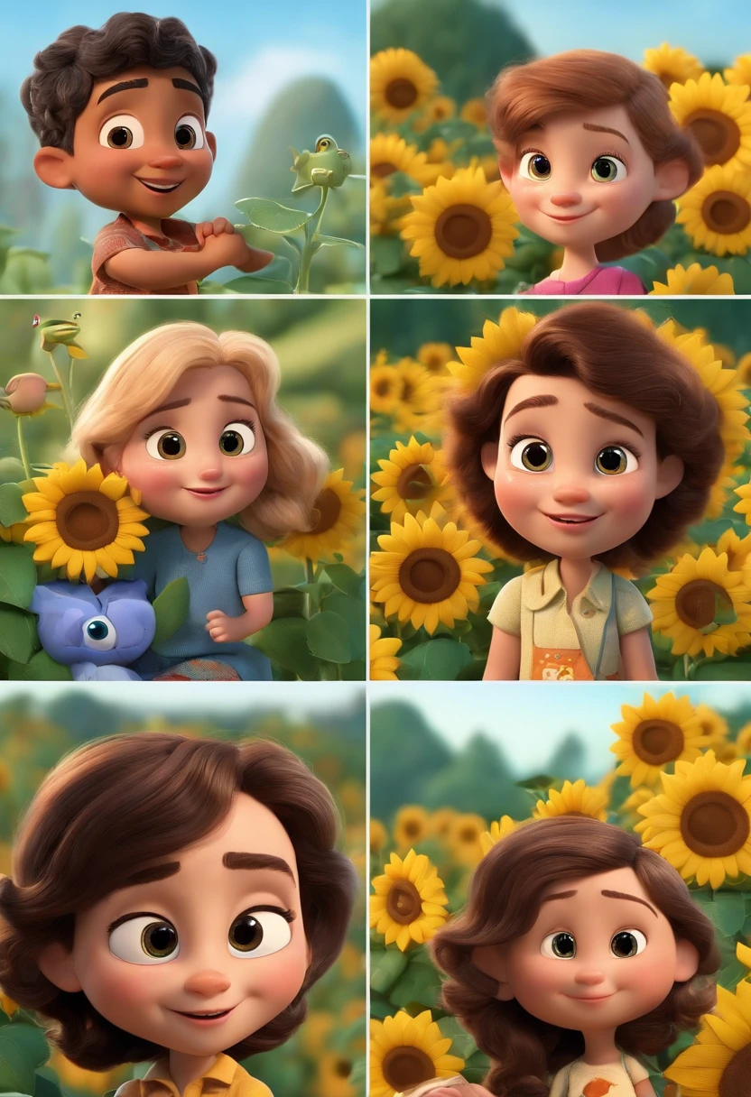Create a Disney PIXAR-style 3D poster. ((centro da imagem, Triplets)), ((3 children)) ((1 menino no meio e 2 meninas ao lado, They're hugging each other, O menino tem pele castanha e cabelos castanhos escuros e olhos castanhos escuros, 1 menina tem pele clara, olhos e cabelos escuros e cacheados, e a outra menina tem pele morena, olhos escuros e cabelos escuros e lisos)) ((tudo isso no estilo Disney PIXAR 3D, In the background, A house of sunflowers, Gloria Studio, The garden is full of nature 3D render RTX clay material, estilo de design cartunesco, POP Mart, soft lighting, linhas suaves, Spring tilt, Detailed illustrations of PIXAR 3D, Detalhes hiper-realistas, cor quente no estilo Disney PIXAR 3D))