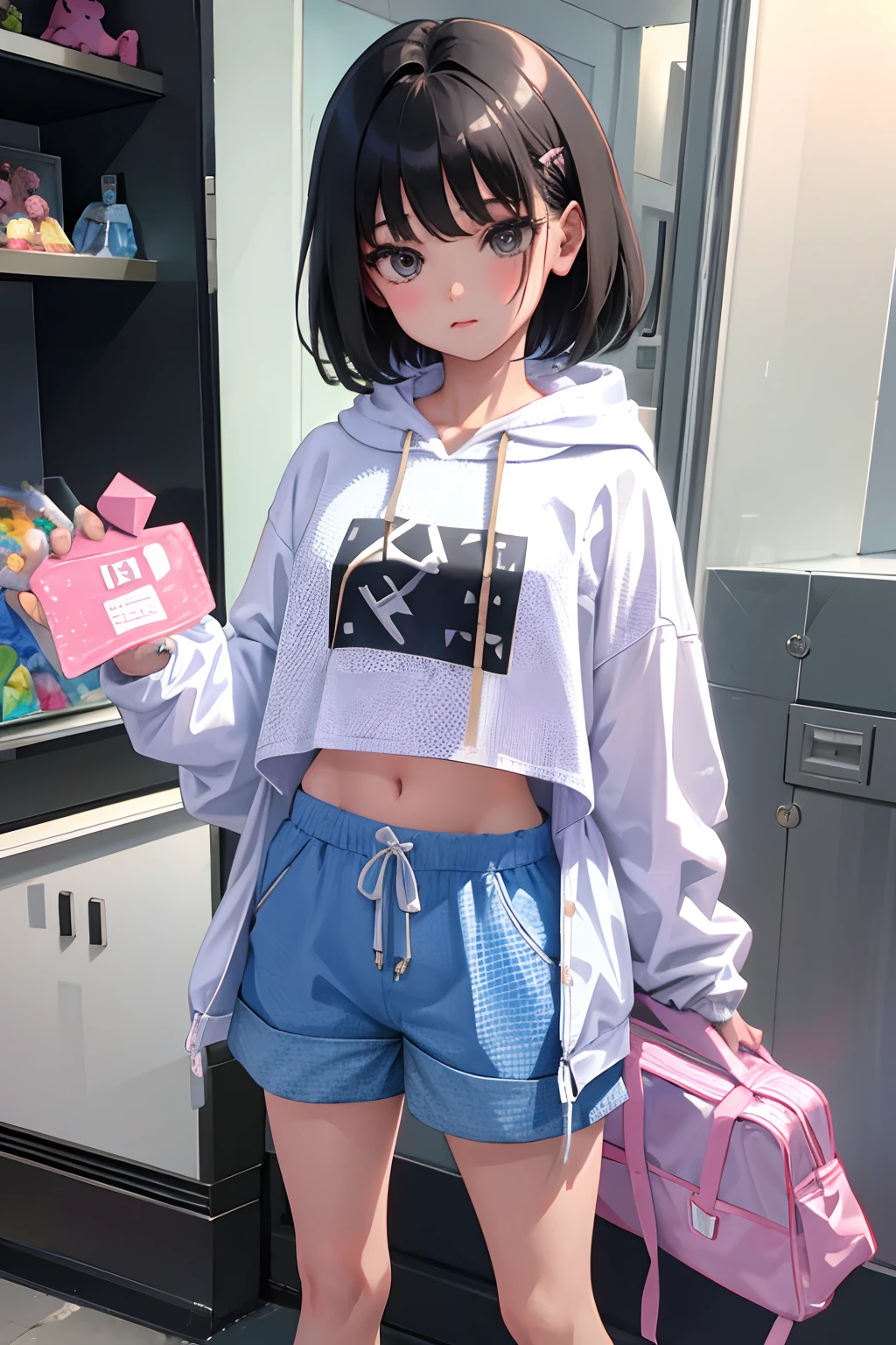 (child),(masterpiece,Highest Quality),Crop Top Look,Pastel Hoodie,(Gingham Check Shorts),A dark-haired,World of toys