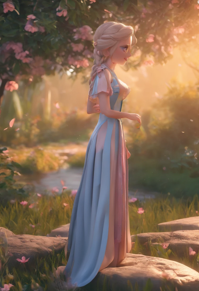 best quality, master part, fotorrealista, extremamente detalhado CG unidade 8k papel de parede, Chibi,1girl, Elsa,sozinho, cheio_corpo, sorrir, Olhando_em_visualizador, ao ar livre,