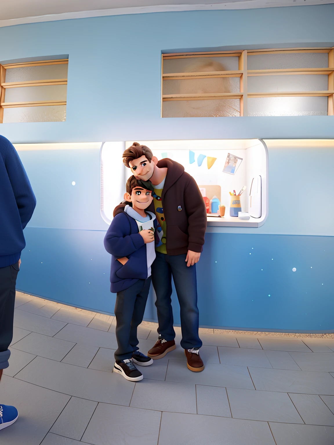 A 35-year-old man smiling hugging his 9-year-old son, o homem tem barba rala e cabelo cortado com topete, cabelo preto com alguns fios brancos, The boy is smiling holding a bag of popcorn in his hand estilo pixar
