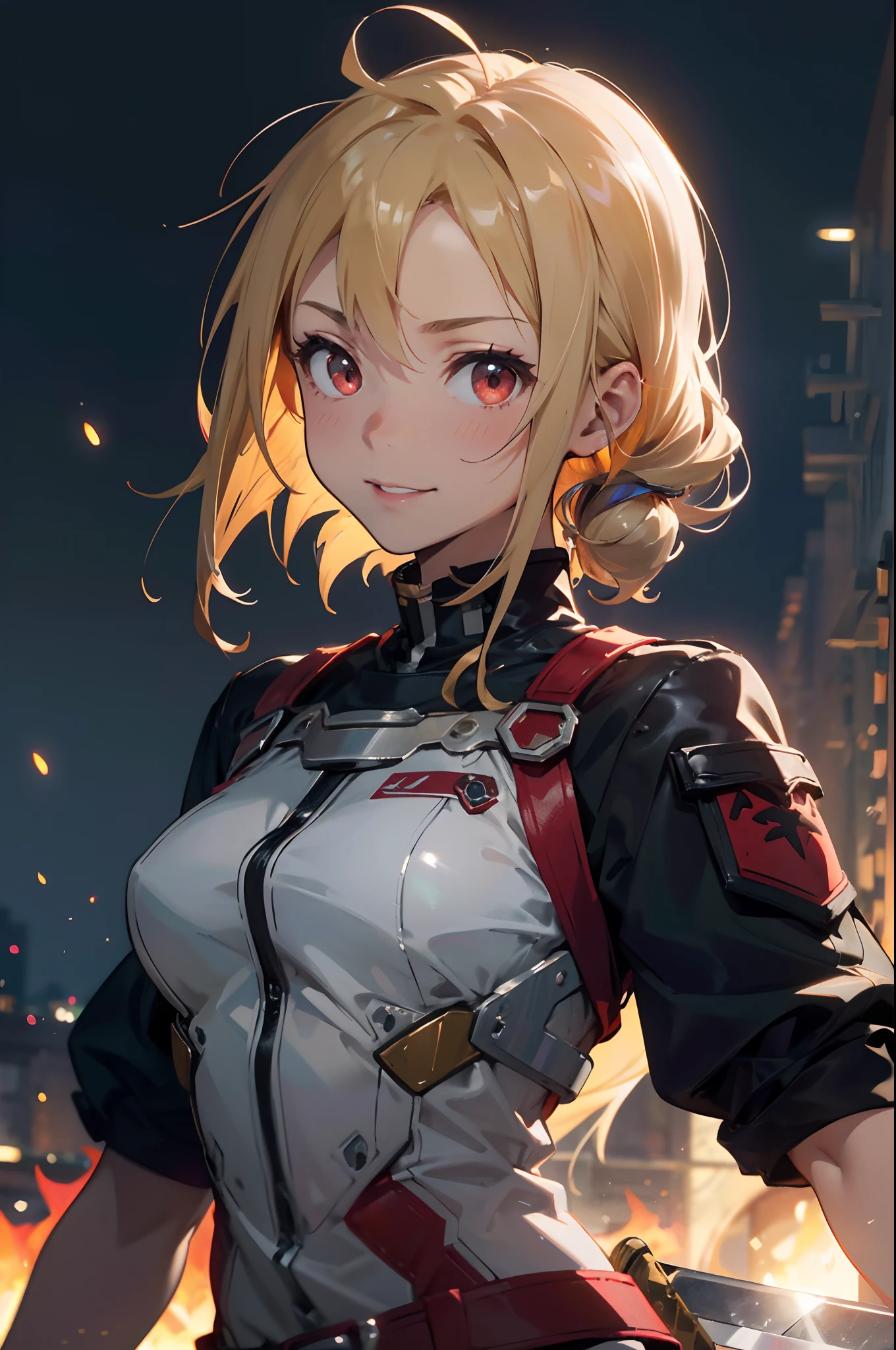 1 girl、Sharp focus、Anime-style paintings、Riders jacket、blonde、Red eyes、ponytail、gloves、smile、Upper body close-up、Standing in front of a street tree、Blur the background