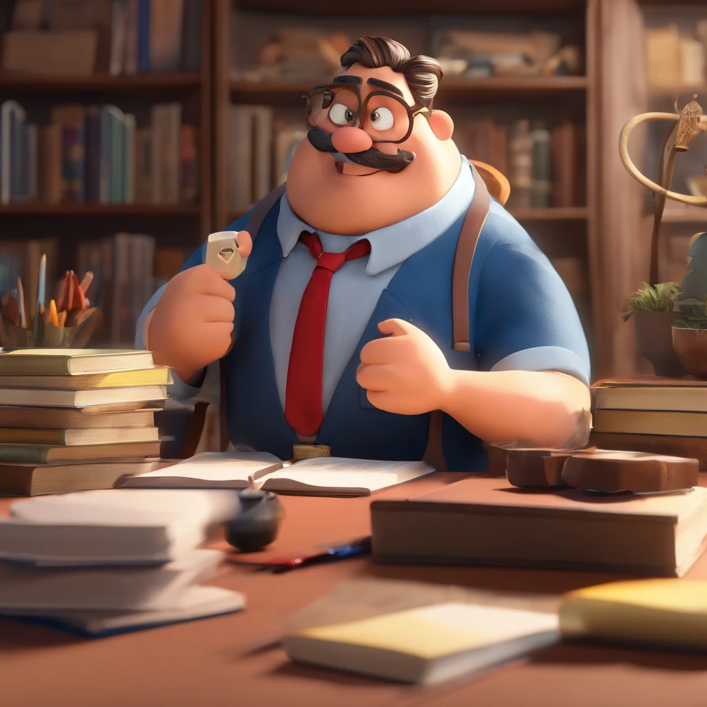 Crie um cartaz inspirado na Disney Pixar com o personagem sendo o pastor Rubens Janier, Um homem de cabelos castanhos e barca rala, In an office with books on the desk