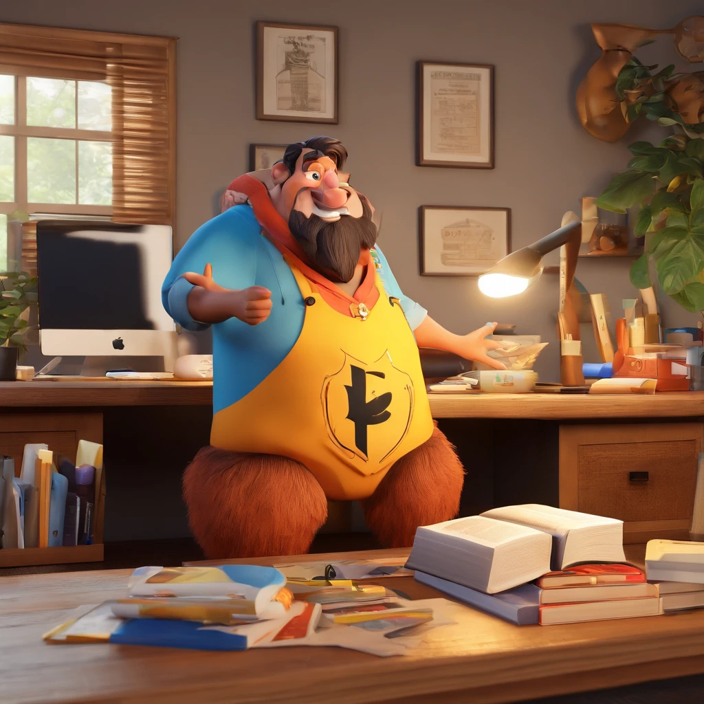 Crie um cartaz inspirado na Disney Pixar com o personagem sendo o pastor Rubens Janier, Um homem de cabelos castanhos e barca rala, In an office with books on the desk