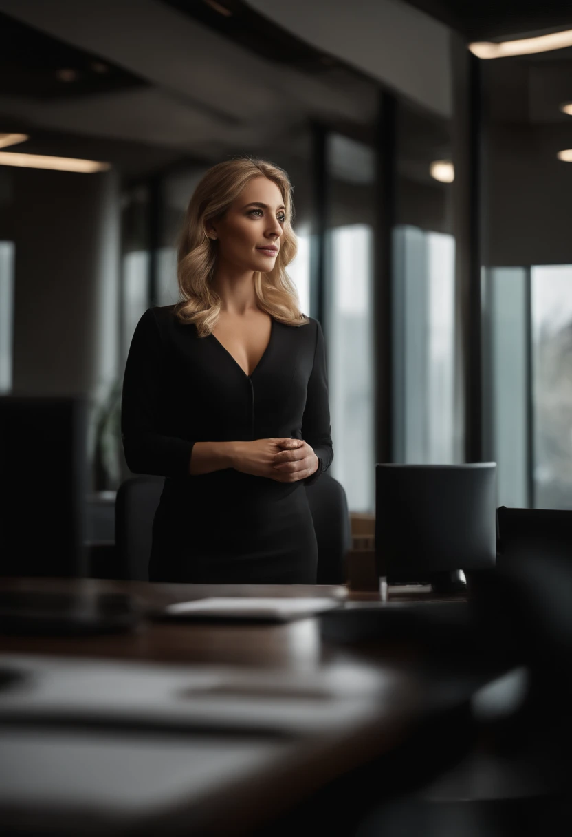 profissional, (4K Photo:1.1), High detail, wearing black business dress, rosto bonito e detalhado, hazelnut eyes, not too long blonde hair, forma do corpo, office meeting room with work desk, Windows. Coloque o rosto que irei envia na foto profissional