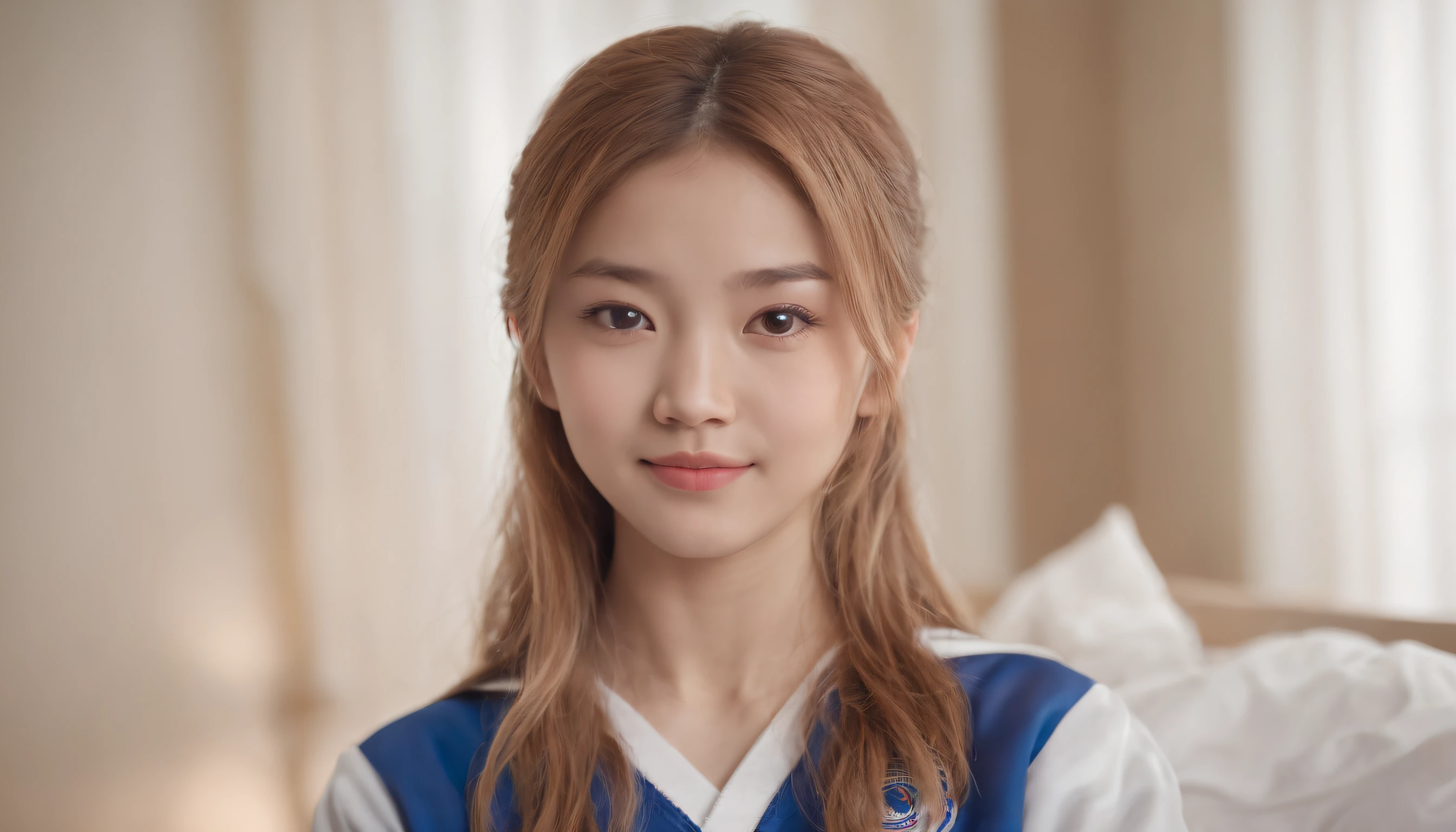 18-year-old woman,Asian,looking a viewer, slight smile, Cheerleader Uniform, Bedroom in the house, taking selfies, only head, blond hair,