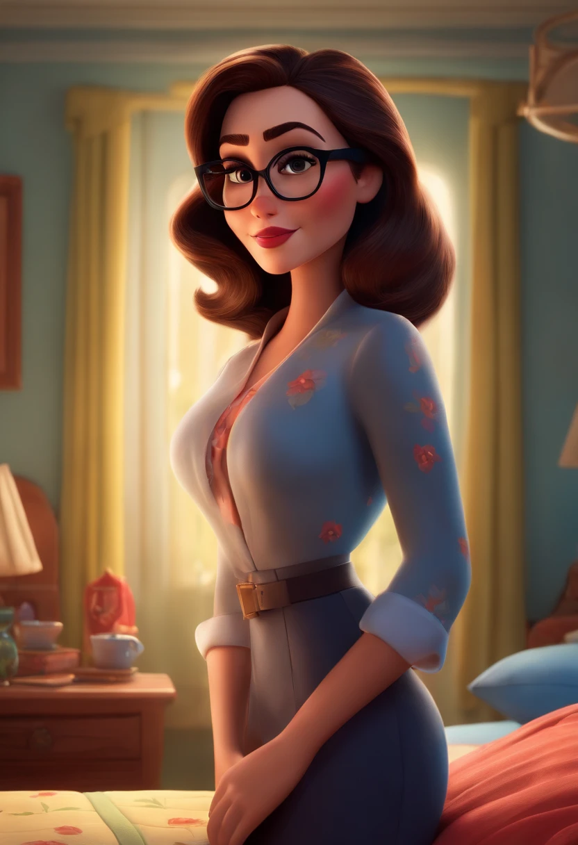 film cover Pixar-style image with 3D character black glasses brunette woman straight shoulder-length hair, arranging clothes in the bedroom Makeup Disney, Pixar, Disney