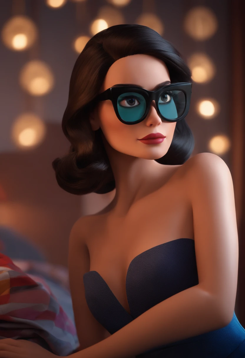 film cover Pixar-style image with 3D character black glasses brunette woman straight shoulder-length hair, arranging clothes in the bedroom Makeup Disney, Pixar, Disney