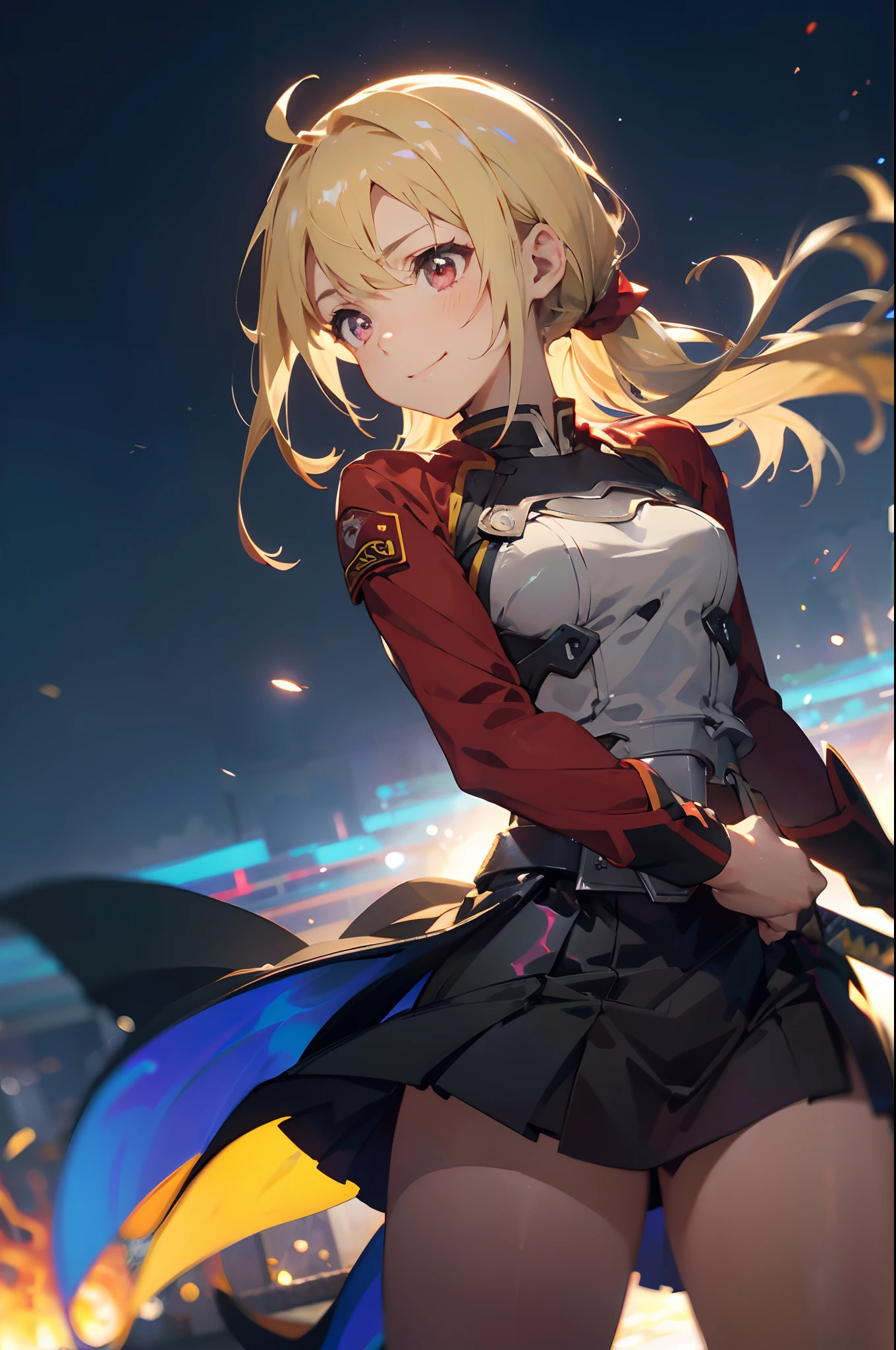 a 20 yo woman、a blond、Pony tail、Ahoge、Red Eyes、small tits、Big smile、(hi-top fade:1.3)、dark themed、Muted Tones、Subdued Color、highly contrast、(natural skin textures、Hyper-Realism、Soft light、sharp)、With a longsword with two flames, White combat uniform, Sword Art Online Adaptation, Red strokes that simulate the speed of the character, Battle Mode, (Ultra-realistic), {extremely detailed 8k CG unit wallpaper}, Vast landscape photos, (A central view that prioritizes the entire character, (Wide Open Field View), (low angle shot), (Highlight: 1.5), (low illuminance: 1.0), (Warm light source: 1.0), intricate-detail, (Iridescent colors: 1.5), (Bright lighting), (Atmospheric lighting), Sword Art Online, Dreamy, Anime