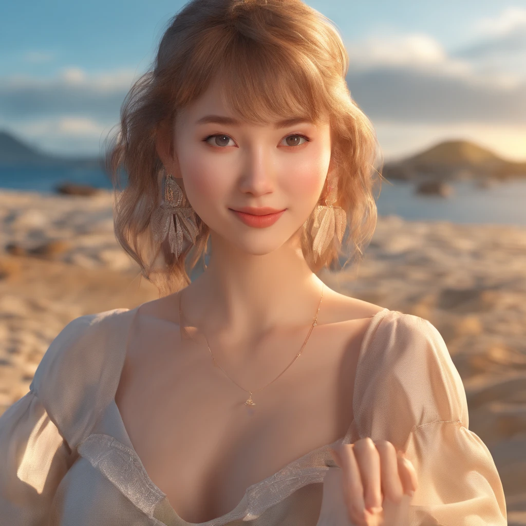 Best Quality, Masterpiece, Ultra High Resolution, (Film Grain: 1.4), Digital Photography, Bangs, Film Lighting, (Fuji Color: 1.2) Portrait,, 1 girl, solo, facing the audience, smiling, (face close-up), clear pores, looking at the audience, ocean background (realistic: 1.2)