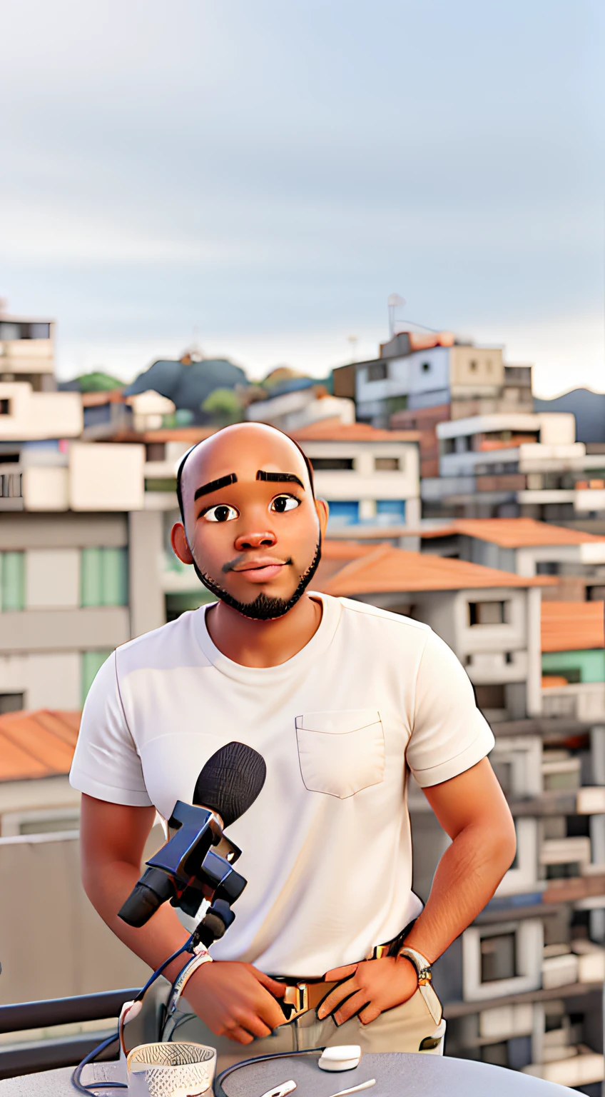 Afro-descendant, Balding, presenting a podcast on a rooftop in the favela