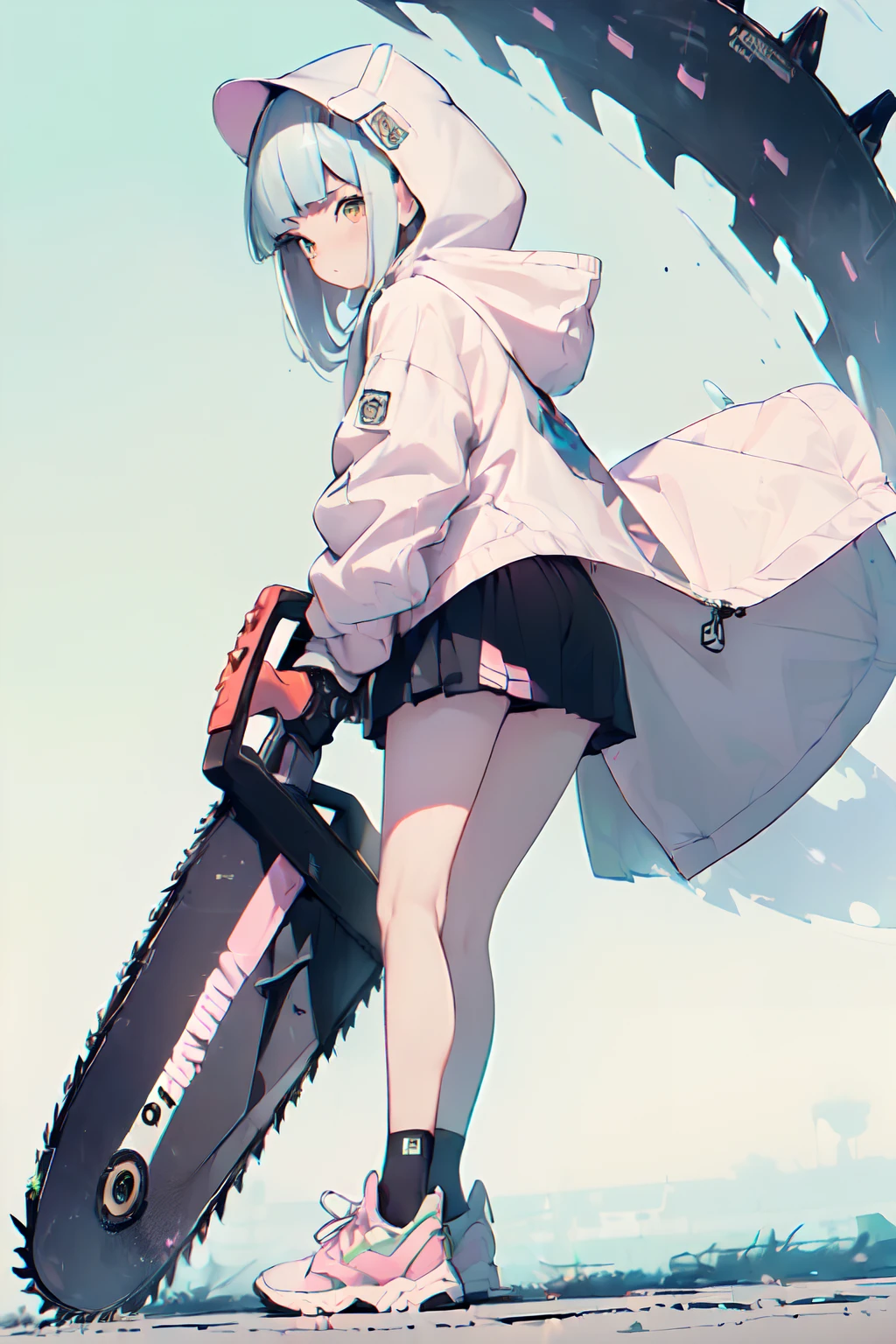 (pastel color:1.5)
1girl in,Solo,
oversized hooded jacket,
Full body,（(open stance)）,
BREAK
(A chainsaw that glows furiously:1.5)
(In his hand he holds a huge chainsaw:1.2),
(Huge and cute weapons , Huge and cute weapons:1.3),(Low Angle Full Body Shot:1.５),masutepiece, Best Quality, ultra-detailliert, 4K, absurderes, hight resolution,(((masutepiece, Best Quality)))((masutepiece:1.5)), (Best High Quality, 超A high resolution, The ultra -The high-definition, 4K:1.3),((Perfect hands, Perfect fingers, Perfect legs)),1womanl, Looking at Viewer ,Full body shot,((Round eyes)), Sweat, White skin, (((skinny))), Sweat,((Shiny body, Shiny skin,)), (((masutepiece, Best Quality)))((masutepiece:1.5)), (Best High Quality, 超A high resolution, The ultra -The high-definition, 4K:1.3), (((Blunt bangs:1.3))),((White skin)),((((Shiny body, Shiny skin,)))), Dynamic Pose , 

break
Simple background,Grey background
Bold outline,Flat color,fine outline,Pink outline,
nice hand, Perfect hands,Hold the chain perfectly、A chainsaw that glows furiously