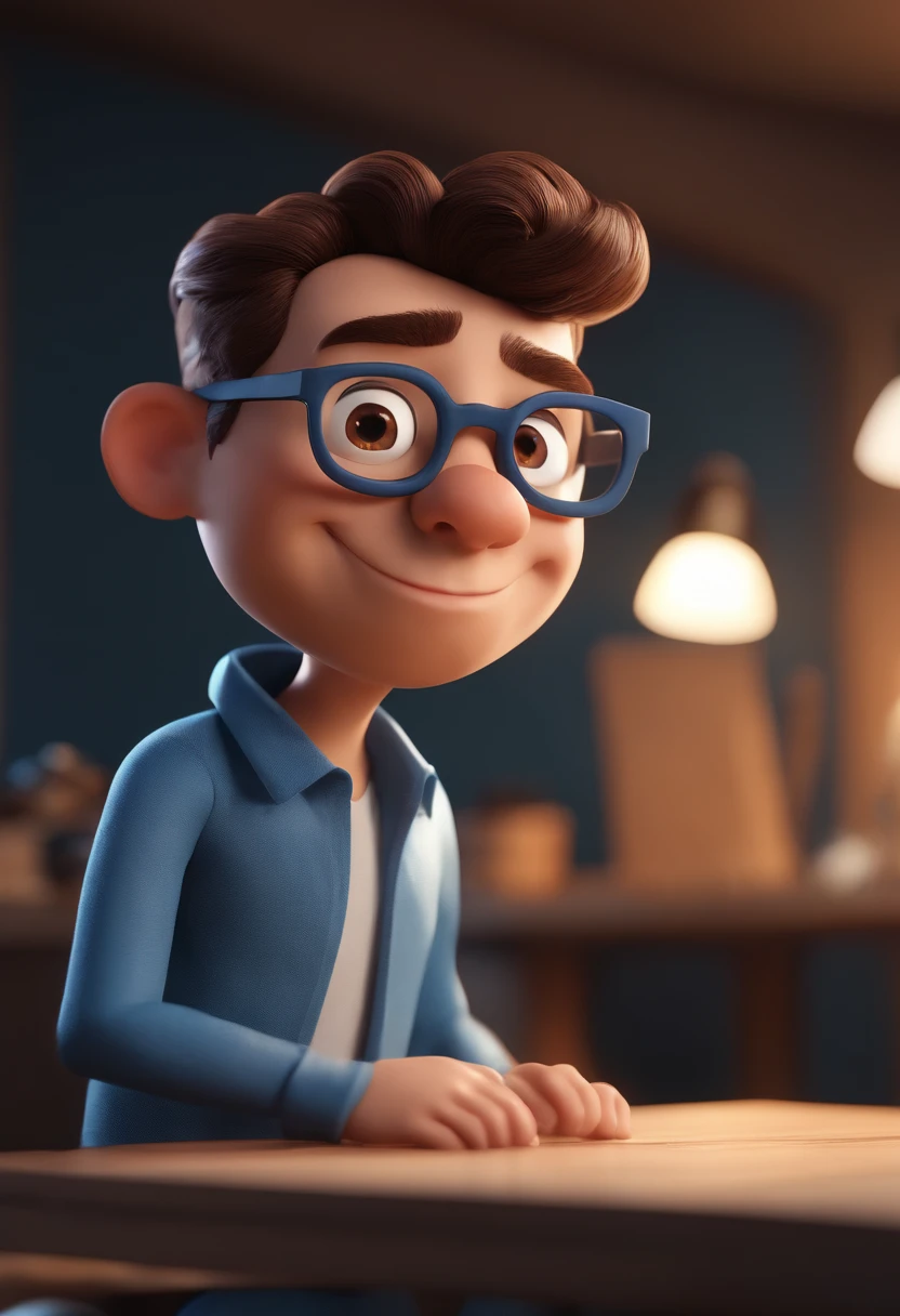 Cartoon character of a man with black glasses and a blue shirt, animation character, Caractere estilizado, animation style rendering, 3D estilizado, Arnold Maya render, 3 d render stylized, toon render keyshot, Personagem 3D, Personagem 3D, 3d rendering stylized, 3 d character render, personagem de desenho animado, Personagem de close up, Pose de personagem, (Estilo Pixar) (master part:1.2) (Bokeh) (best quality) (pele detalhada) (textura detalhada) (8k) (argila) (Cinematic lighting) (foco nítido