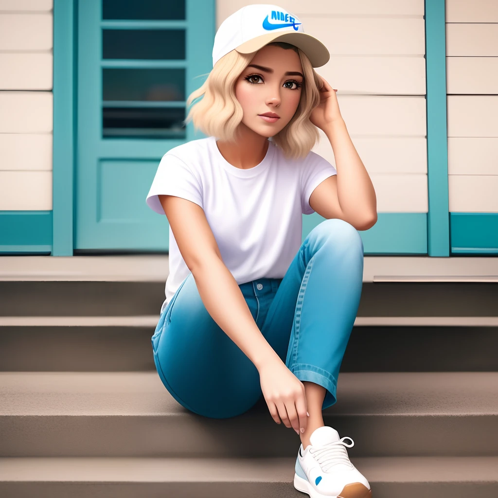 Crie uma personagem mulher estilo pixar 
De cabelos longos castanhos escuros, olhos castanhos, wears a pair of jeans and a white t-shirt with a delicate strap, A white Nike sneaker, coloca nela uma corrente de prata delicada, and a beige cap