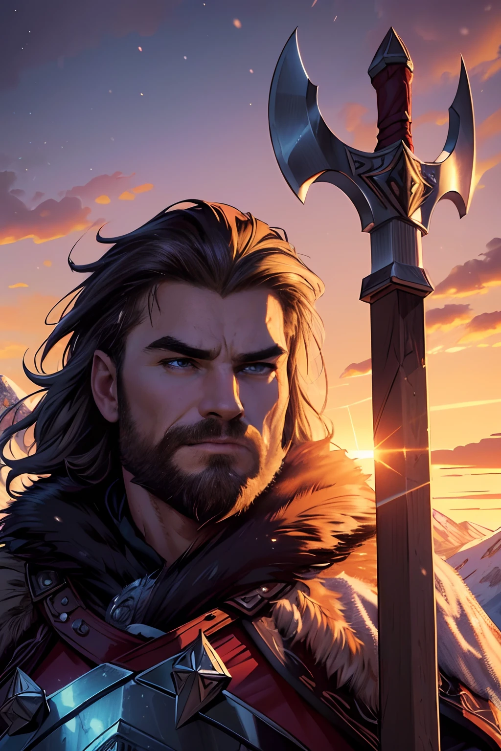 (best quality,4k,8k,highres,masterpiece:1.2),ultra-detailed,realistic, portraits, vibrant colors, sunset lighting, Viking warrior, snowy mountains, majestic, fierce expression, fur cloak, battle axe, shield, wind blowing, epic landscape, determined eyes, sharp focus, dramatic atmosphere.