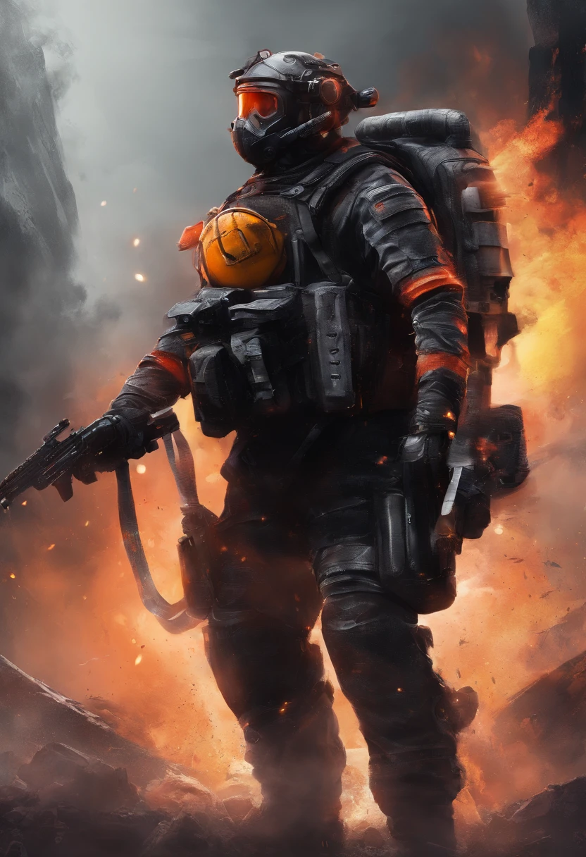 Apocalyptic ultra realistic photography of a man with nuclear professional mask and wear radioactive orange dress,  
in the background a dramatic nuclear explosion --auto --s2