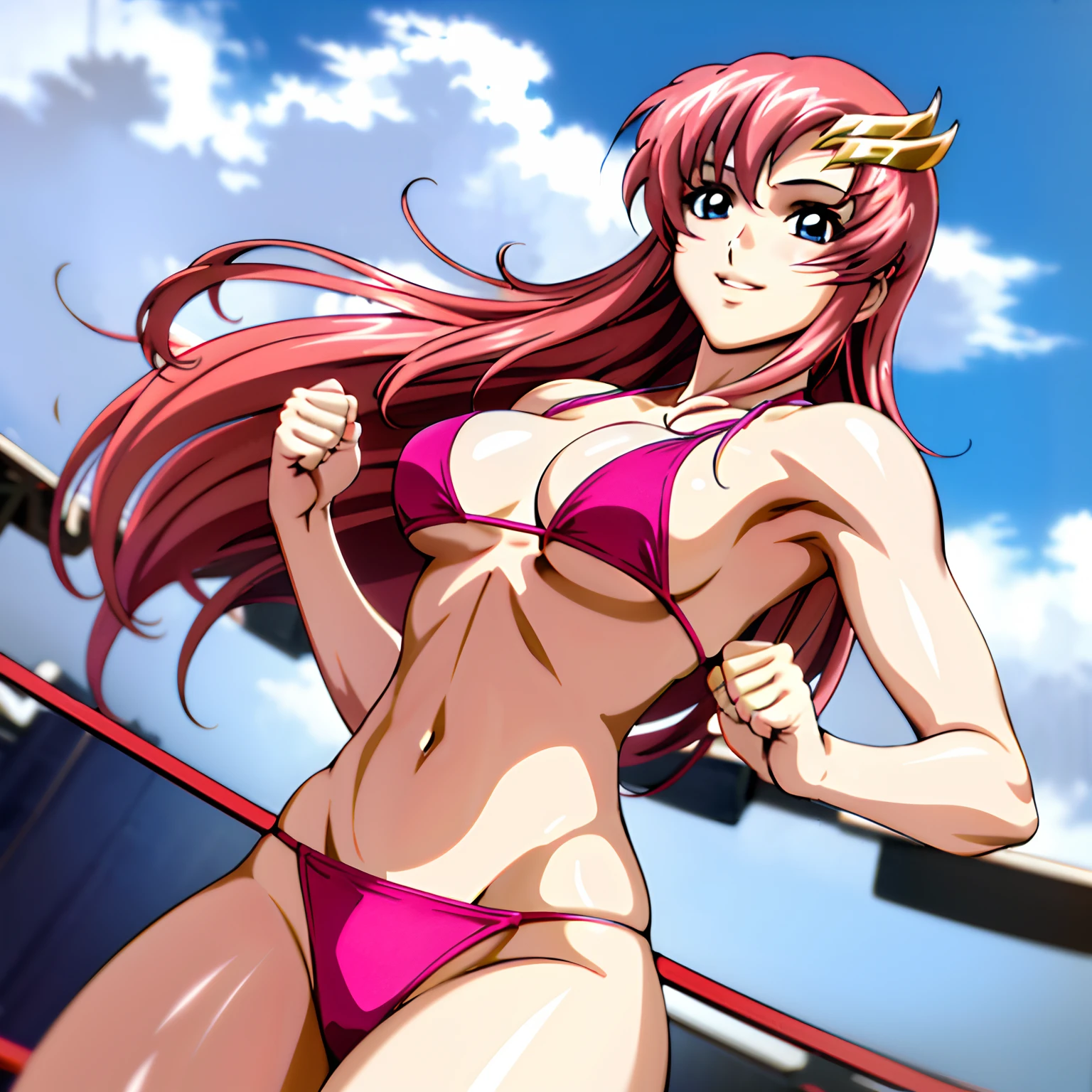 (masterpiece, far view, 4K, Best Quality, Anime style: 1.9,, Adult Woman, ultra detailed face, (cloud background, wrestling), Drawing lines, high resolution, Anime, lacus4), 1girl, Solo, curvy figure, very Long hair, 鎖骨, scapular, (Detailed wide hair bangs, Hair Ornament, Detailed reddish-pink hair, golden crest), cleavage, large hands, (female wrestler). (Big blue eyes, shiny eyes), ((female wrestler, little biceps, slender body, broad shoulders, closed fists)), ((perfect proportions, medium breasts, long belly)), (((micro bikini, pink wrestling gear, champion))), happy, smile, , (belly dancing, looking at the viewer), , showing off underarm, (elegant lady),