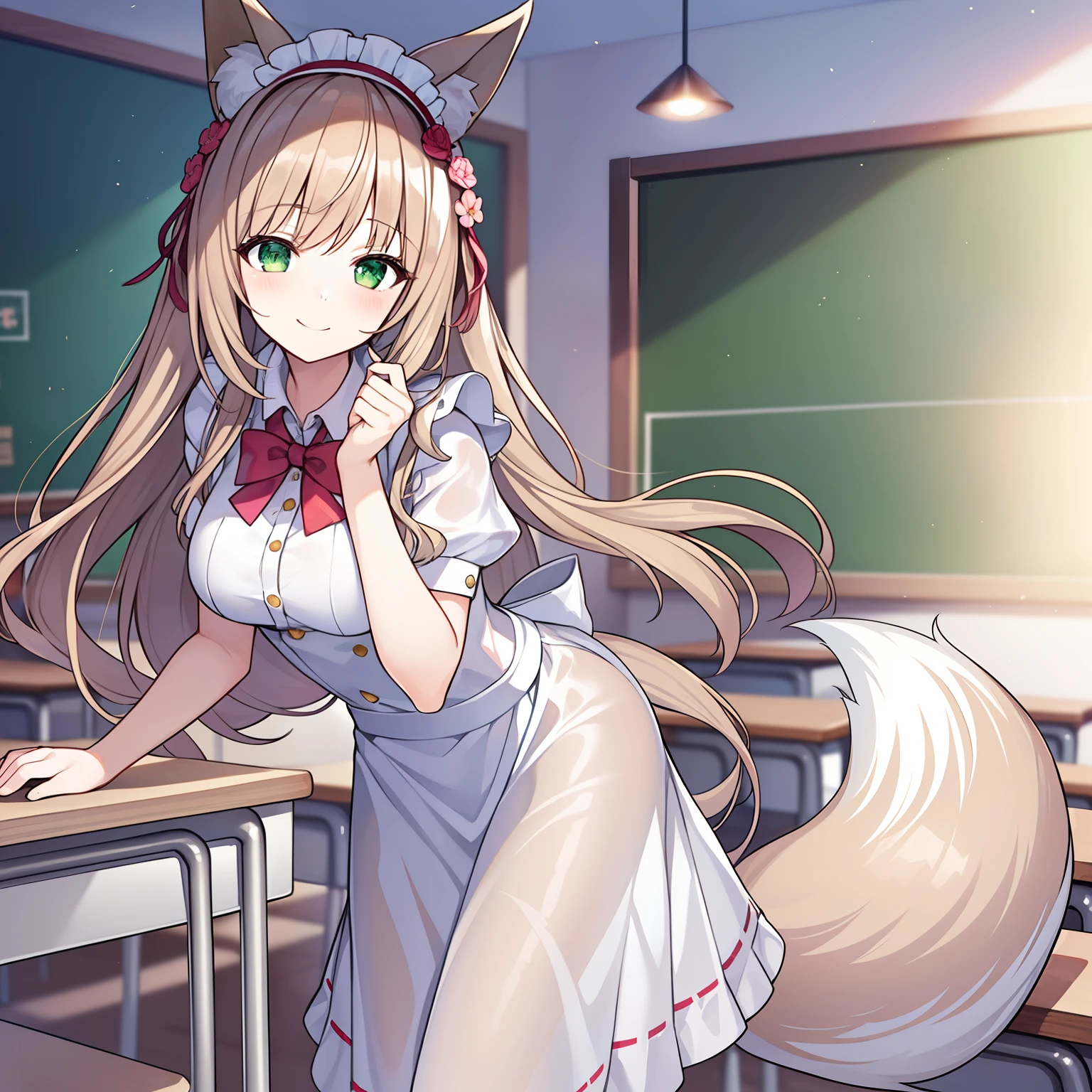 tmasterpiece,best qualtiy,A high resolution,1girll, Solo, (8K wallpaper), (Long brown hair),(Huge fox tail:1.2),Green eyes,Small flower headdress,-yeld giC cup,Modern architecture,(Classroom_Cultural celebrations_Maid coffee theme),Stand gracefully,Wearing a maid outfit_white stockings,ssmile,From a positive perspective,
