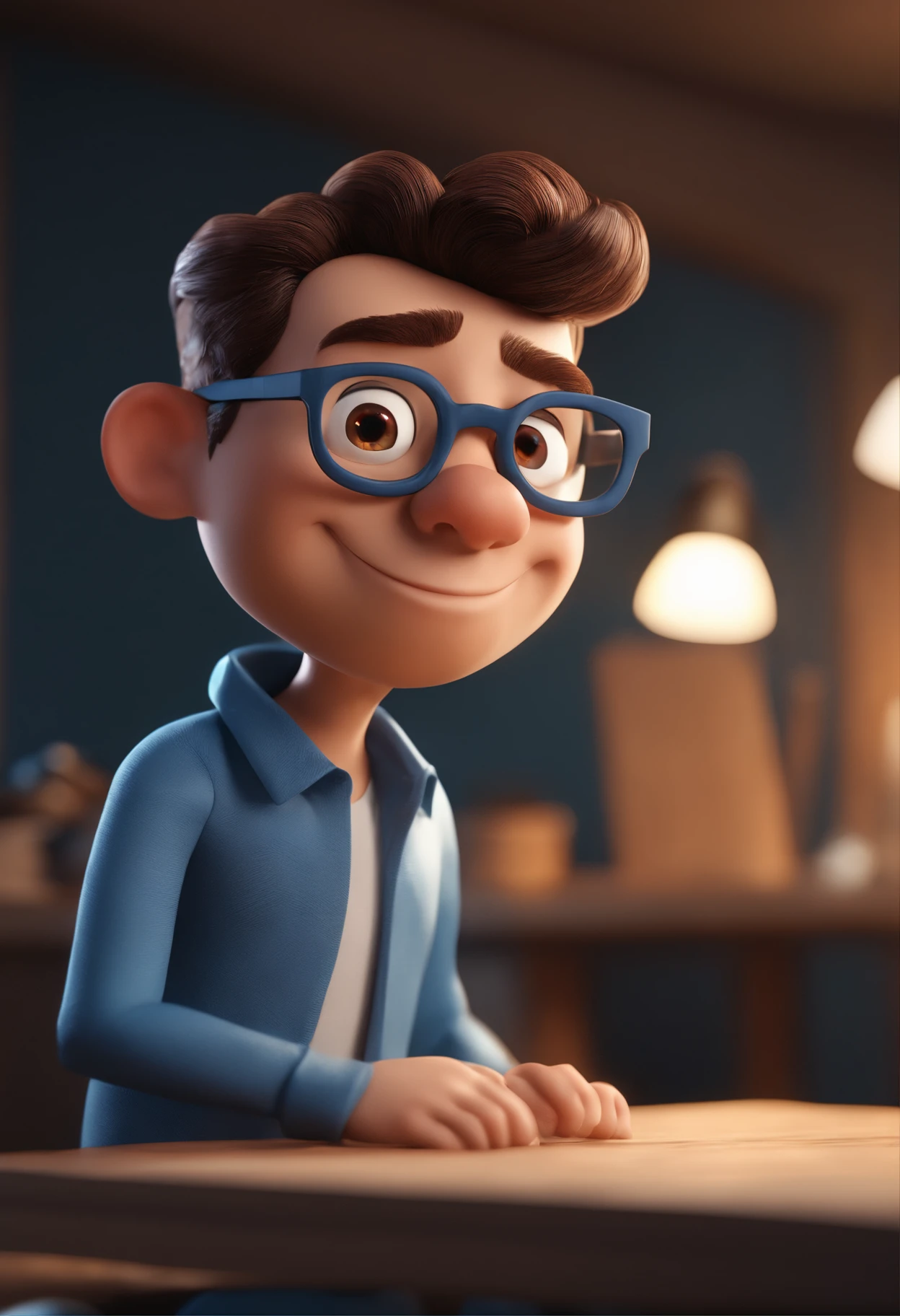 Cartoon character of a man with black glasses and a blue shirt, animation character, Caractere estilizado, animation style rendering, 3D estilizado, Arnold Maya render, 3 d render stylized, toon render keyshot, Personagem 3D, Personagem 3D, 3d rendering stylized, 3 d character render, personagem de desenho animado, Personagem de close up, Pose de personagem, (Estilo Pixar) (master part:1.2) (Bokeh) (best quality) (pele detalhada) (textura detalhada) (8k) (argila) (Cinematic lighting) (foco nítido