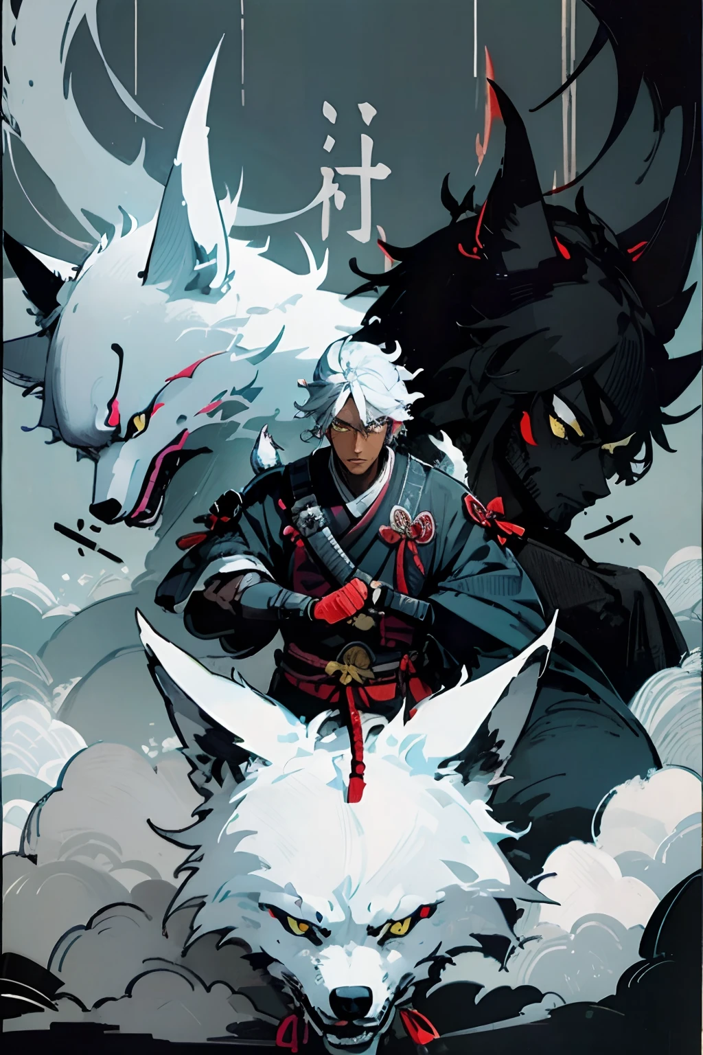 Black man, Samurai, white wolf
